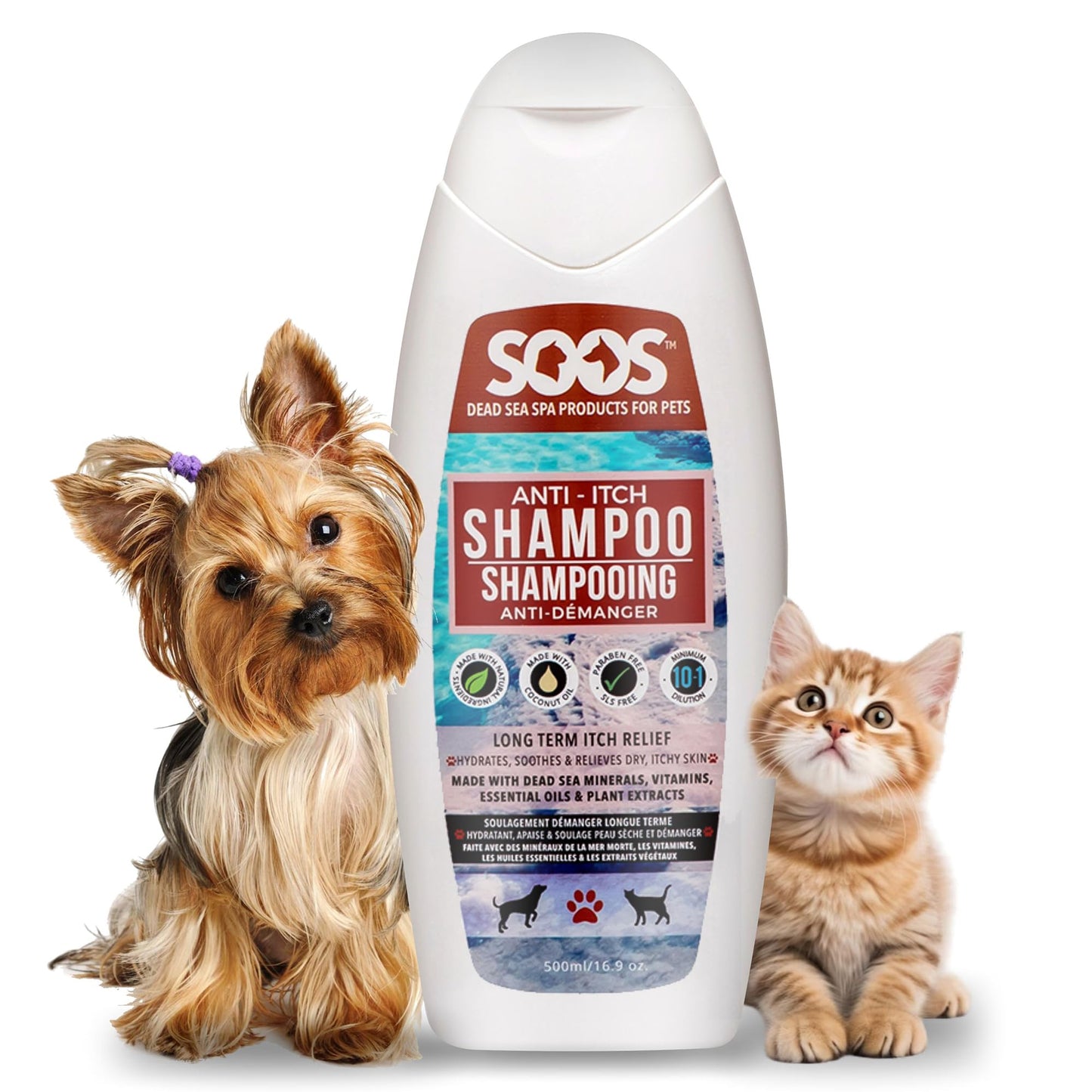 Soos Pet Anti-Itch Shampoo for Dogs and Cats - Natural Dead Sea Fast Absorbing - Clean Fur with Vitamins Minerals Essential Oils Natural Ingredients - 500ml