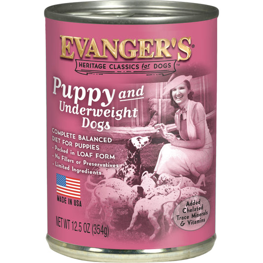Evanger's Heritage Classic Puppy Food – 12 Count, 12.5 oz Each – Tasty Meat-Based Formula for Puppies & Underweight Dogs – Added Vitamins & Chelated Trace Minerals – Grain & Gluten Free