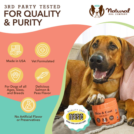 Natural Dog Company Skin & Coat Chews (90-pcs) Bundle with Sensitive Oatmeal Shampoo (12 oz) | Daily Supplement with Sensitive Shampoo | Gentle Cleaning for Healthier and Coats