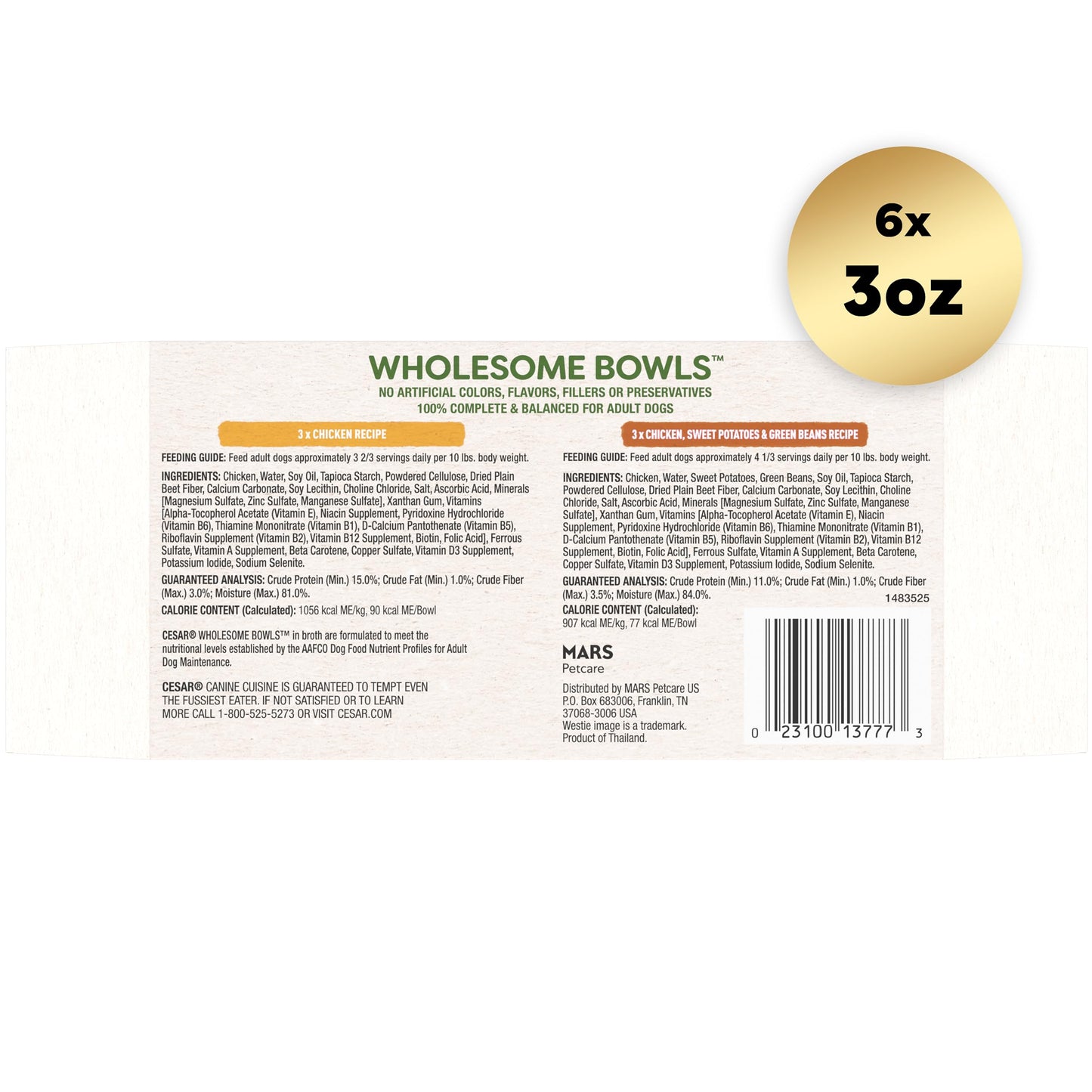 Cesar Wholesome Bowls Adult Wet Dog Food, Chicken Recipe and Chicken, Sweet Potatoes & Green Beans Recipe Variety Pack, 3 oz. (6 Count, Pack of 1)