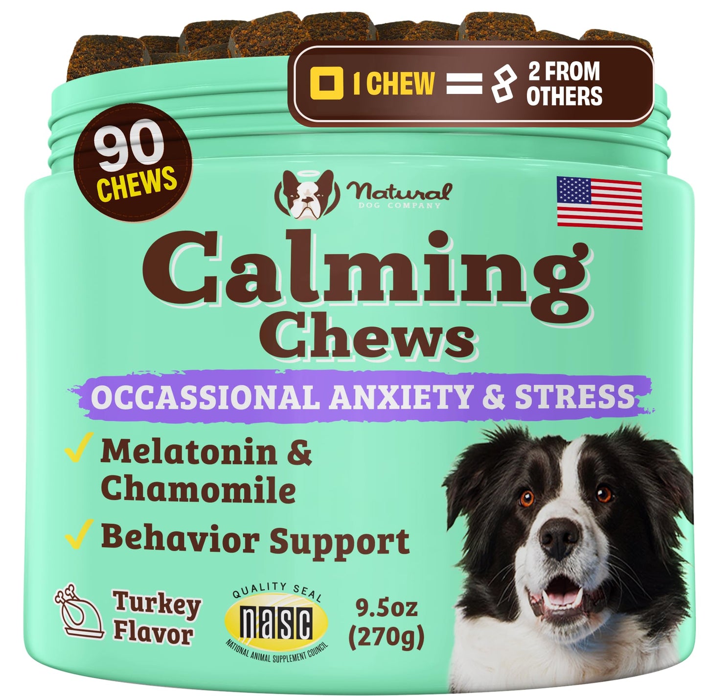 Natural Dog Company Calming Chews for Dogs, Stress & Anxiety Relief Supplement with Chamomile, Valerian Root & Melatonin, Natural Soothing Chews for Travel, Thunder, Fireworks & Separation (90 cnt)