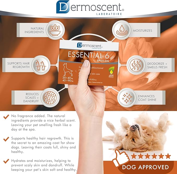 Dermoscent Essential 6 spot-on - Dog Skin Care for Dandruff & Allergy Relief with Vitamin E Oil - Anti Itch for Dogs - Natural Ingredients for Sensitive Skin - Dogs 20-40 kg - 4 Pipettes of 2.4 ml