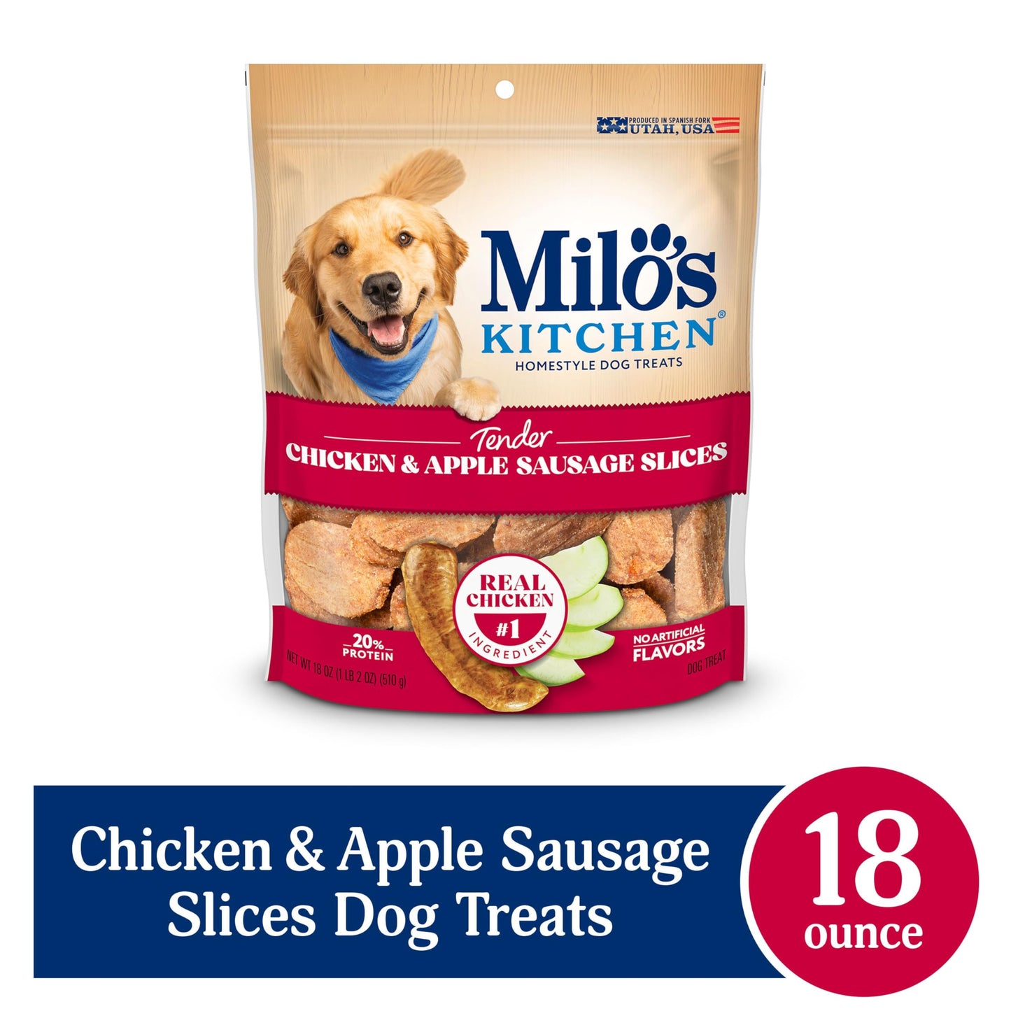Milo's Kitchen Homestyle Dog Treats, Chicken & Apple Sausage Slices, 18 Ounce, High Protein, No Artificial Flavors
