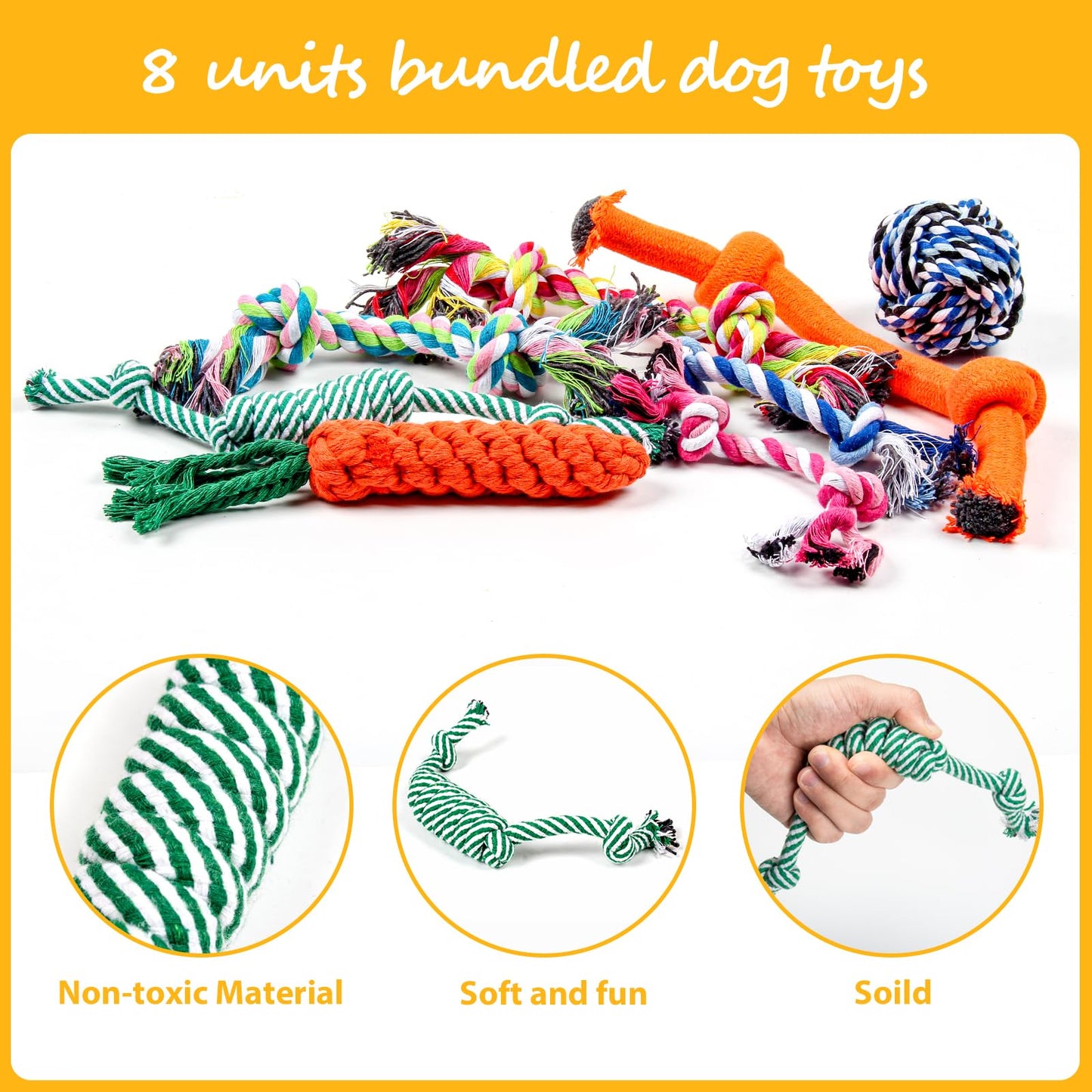 Squeaky Dog Toys for Puppy Small Stuffed Toys with Rubber Toys in Bulk Plush Dog Toy Safe Fetch Chew Toys Pack for Chewing and Teething (8 PCS Cotton Knot)