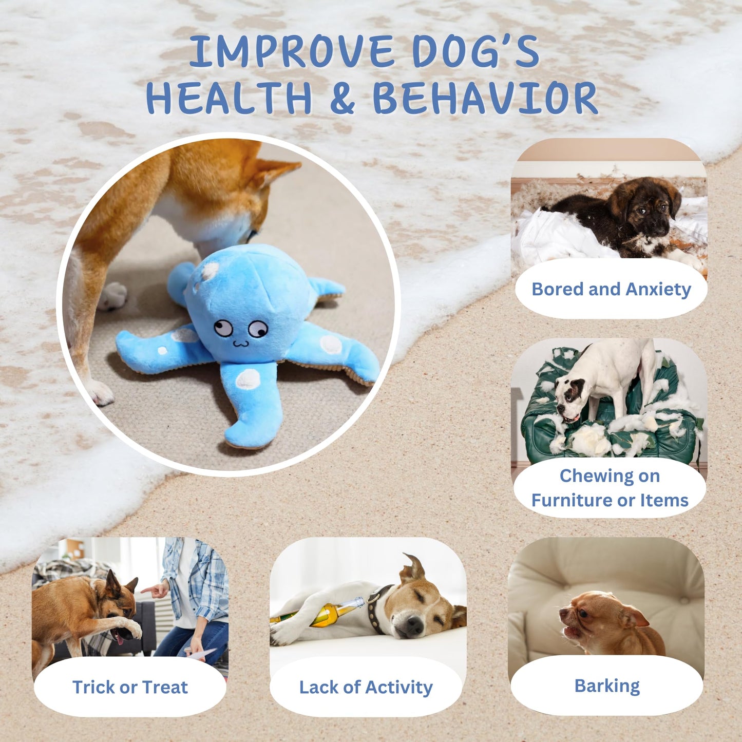 Pawfoo Lab Dog Puzzle Toy, Interactive Snuffle Octopus Toy for Medium Large Dogs – Hide & Seek Treat Dispenser with Squeaky & Crinkle Sounds, Plush Chew Toy, Durable & Washable (Blue)
