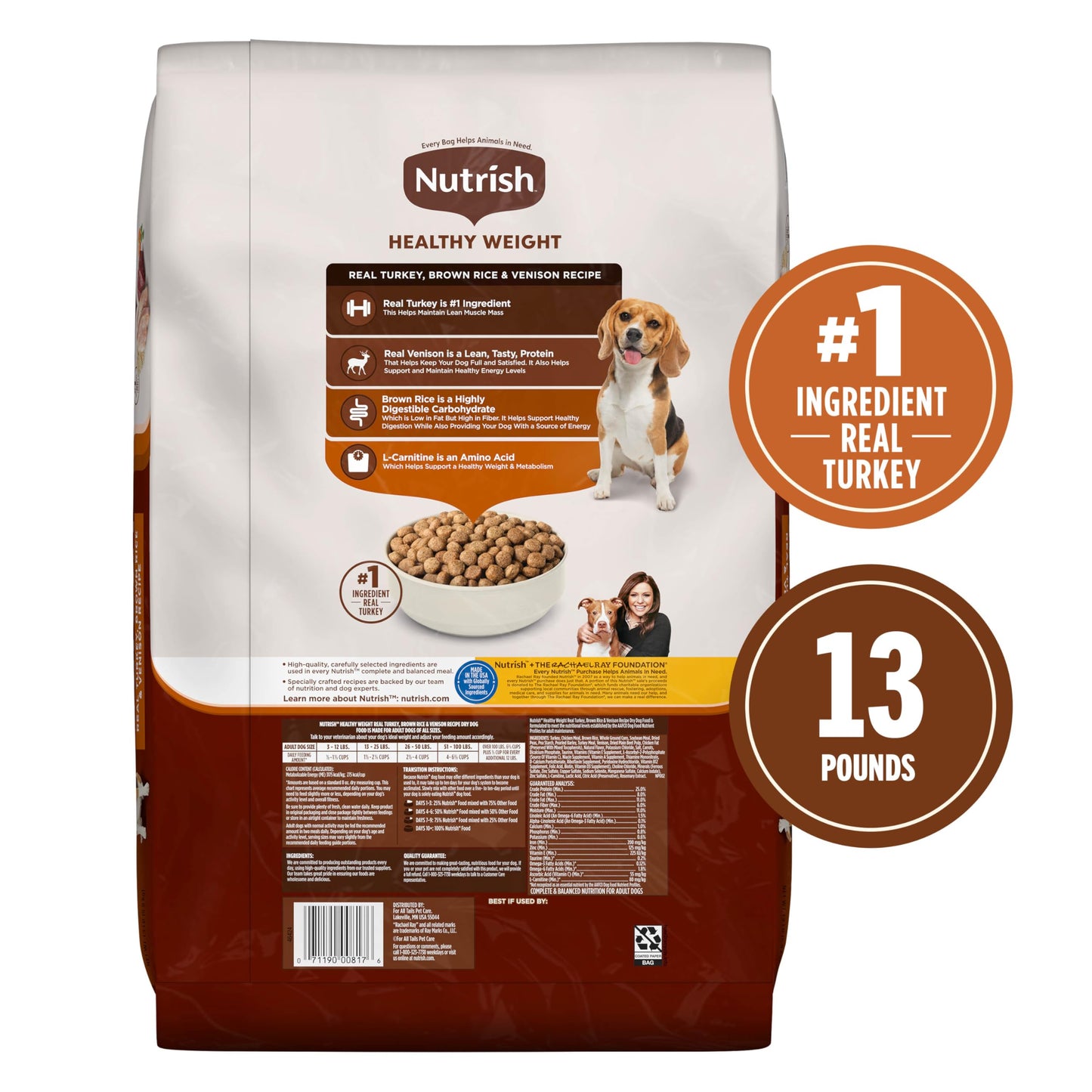 Nutrish Healthy Weight Real Turkey, Brown Rice & Venison Recipe Dry Dog Food, 13 lb. Bag, Packaging May Vary (Rachael Ray)