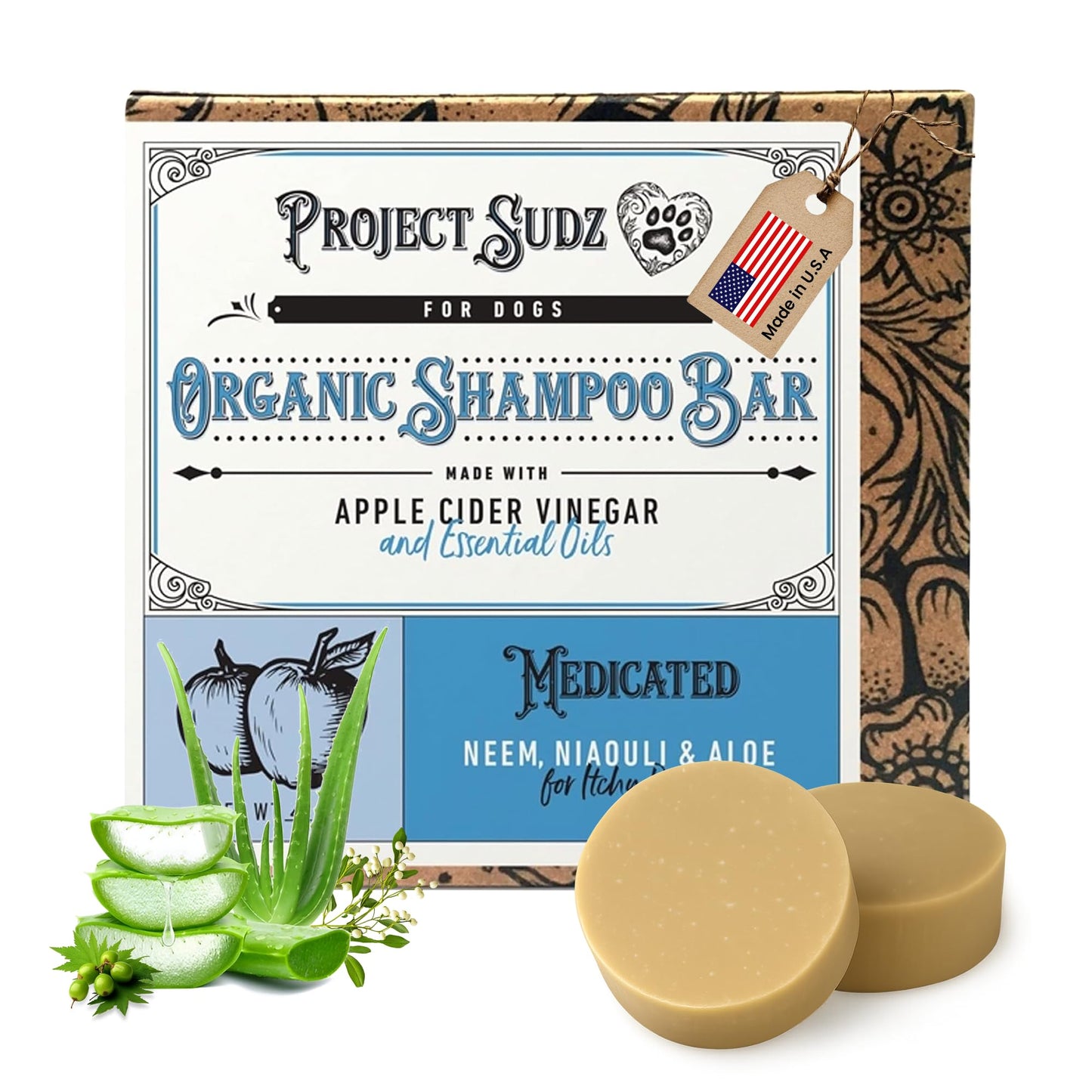 Medicated Organic Dog Shampoo Bar for Hot Spots, Dry Coat, and Allergies, All Natural Dog Shampoo with Neem, Aloe, and ACV, Eco-Friendly, Vet Recommended, 1 Bar for Sensitive Skin Relief