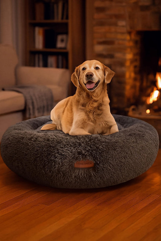 HANESHER Pet Bed, Memory Foam Donut Dog Bed, Calming Round Dog Bed for Small Pets, Comfortable and Supportive Design, Orthopedic Ultra-Soft Plush, Anti-Stress Bed for Dogs and Cats (Grey)