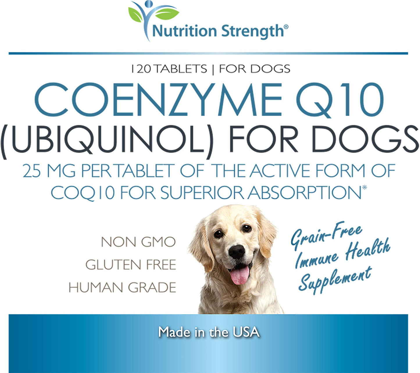 Nutrition Strength Coenzyme Q10 for Dogs Grain-Free Supplement, Ubiquinol - The Electron-Rich Form of CoQ10, Promotes Heart Health, Cognitive and Energy Support for Dogs, 120 Chewable Tablets
