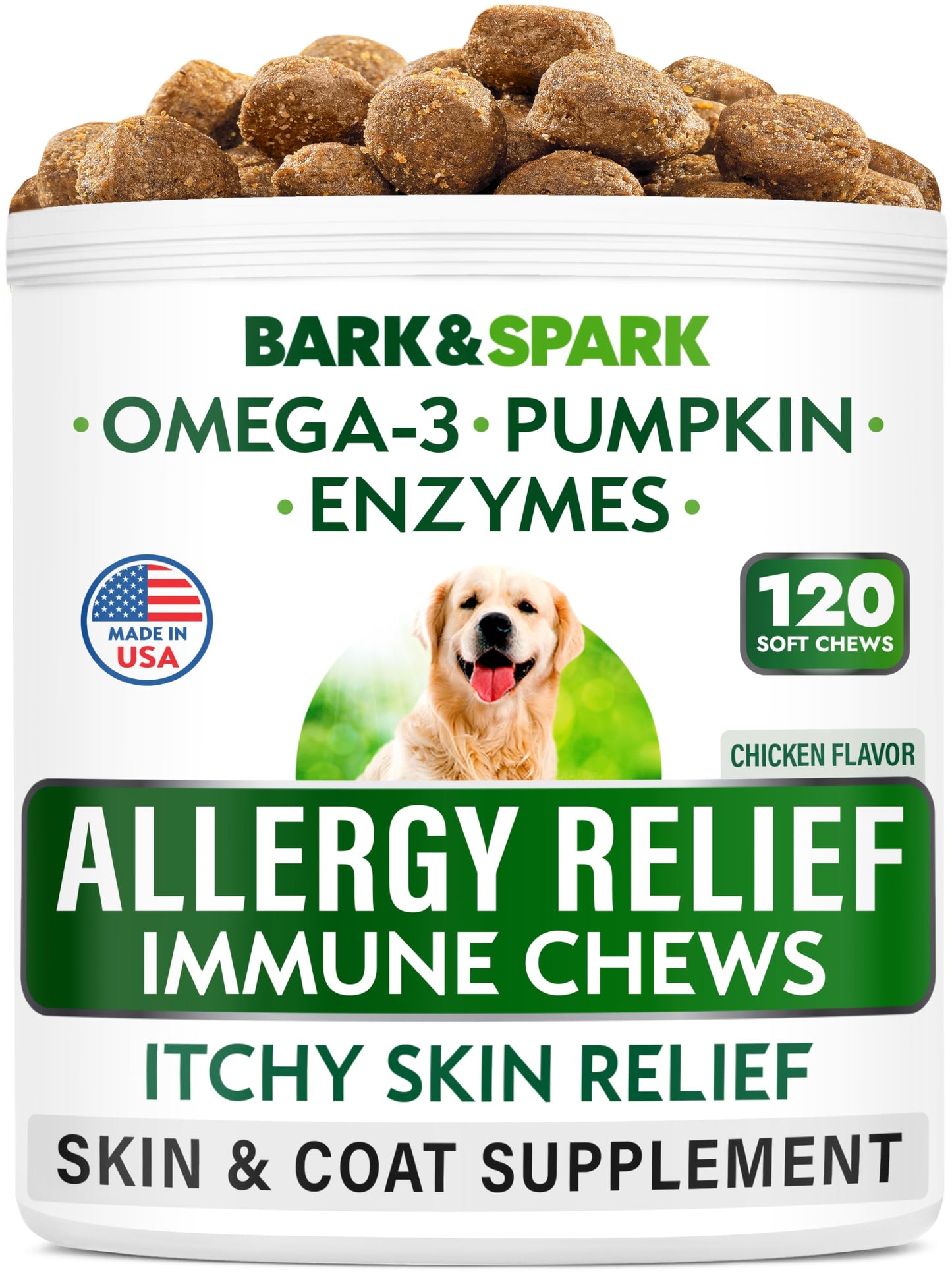BARK&SPARK Dog Allergy Relief Chews - Anti-Itch Skin & Coat Supplement - Omega 3 Fish Oil - Itchy Skin Relief Treatment Pills - Itching&Paw Licking - Dry Skin&Hot Spots - (120 Immune Treats - Chicken)