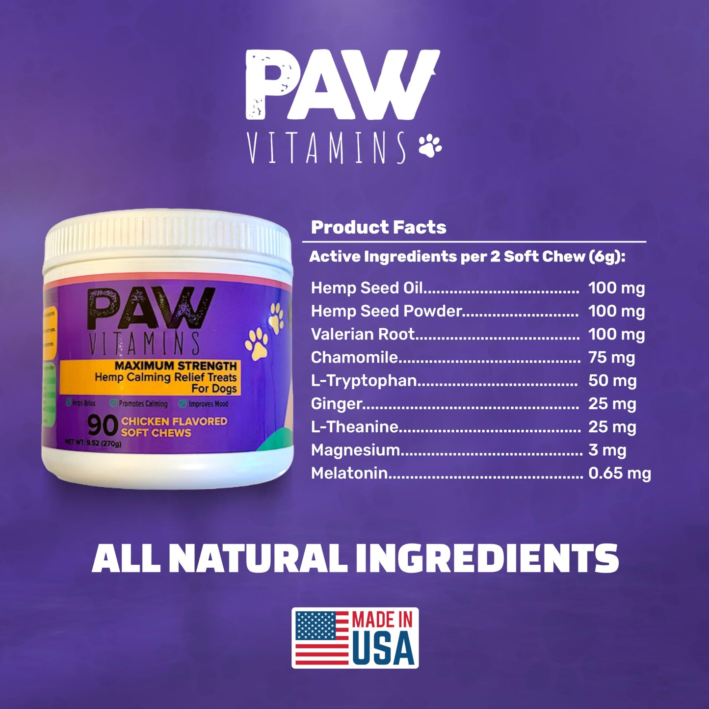 Paw Vitamins Natural Calming Dog Chews (Made in The USA) - with Hemp Oil, Chamomile, Tryptophan, Melatonin & Valerian Root - 90 Count - No THC