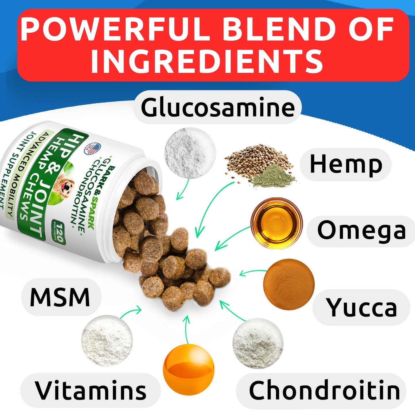 BARK&SPARK Advanced Hemp Chews for Dog Joint Pain Relief - Glucosamine Chondroitin Hemp Treats Hip Joint Health - Joint Supplement Large Breed & Small - Treats Joints Old Senior Dog (120Ct/Bacon)