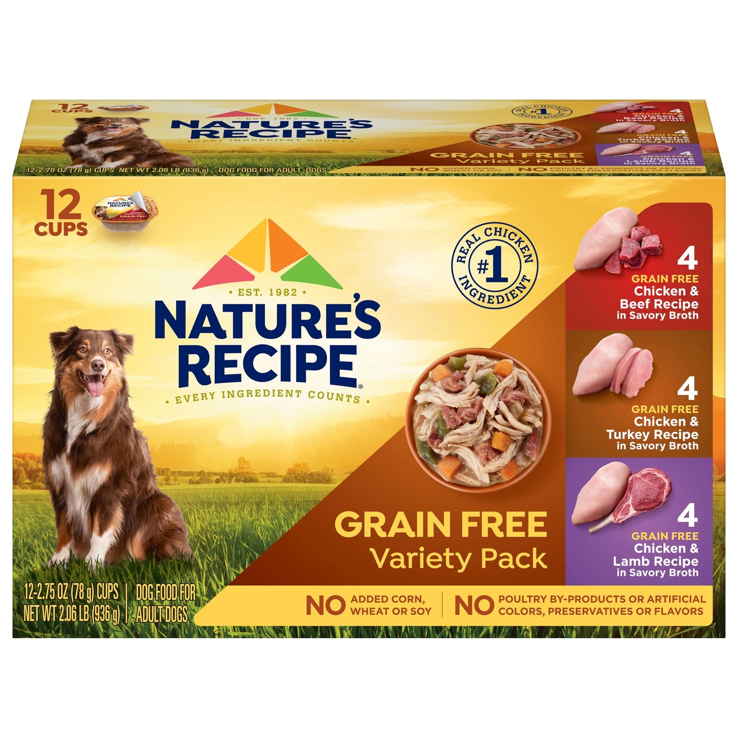 Nature’s Recipe Grain Free Chicken & Beef, Chicken & Turkey, Chicken & Lamb Wet Dog Food Variety Pack, 2.75 Ounce (Pack of 12)