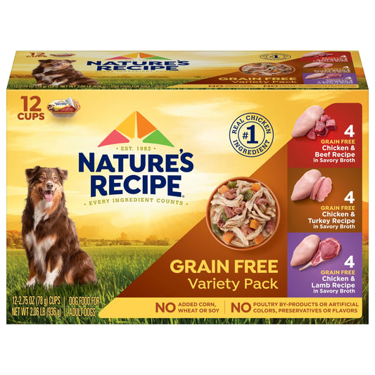 Nature’s Recipe Grain Free Chicken & Beef, Chicken & Turkey, Chicken & Lamb Wet Dog Food Variety Pack, 2.75 Ounce (Pack of 12)