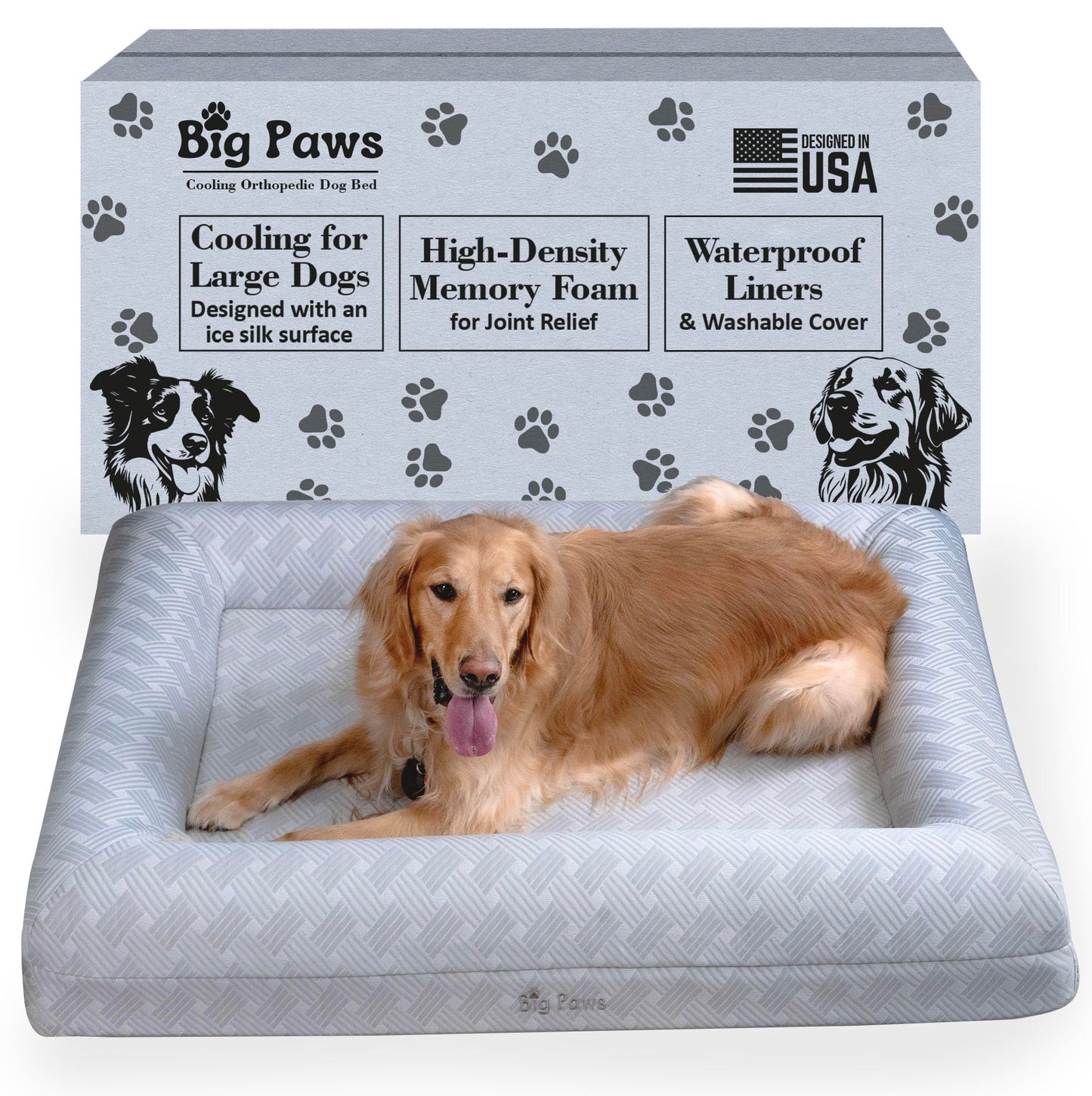Big Paws Large Cooling Orthopedic Dog Bed for Large Dogs - Ice Silk Cooling Cover, 5 Waterproof Liners, Non-Slip Bottom, Raised Bolsters, Machine Washable Dog Bed - Gray