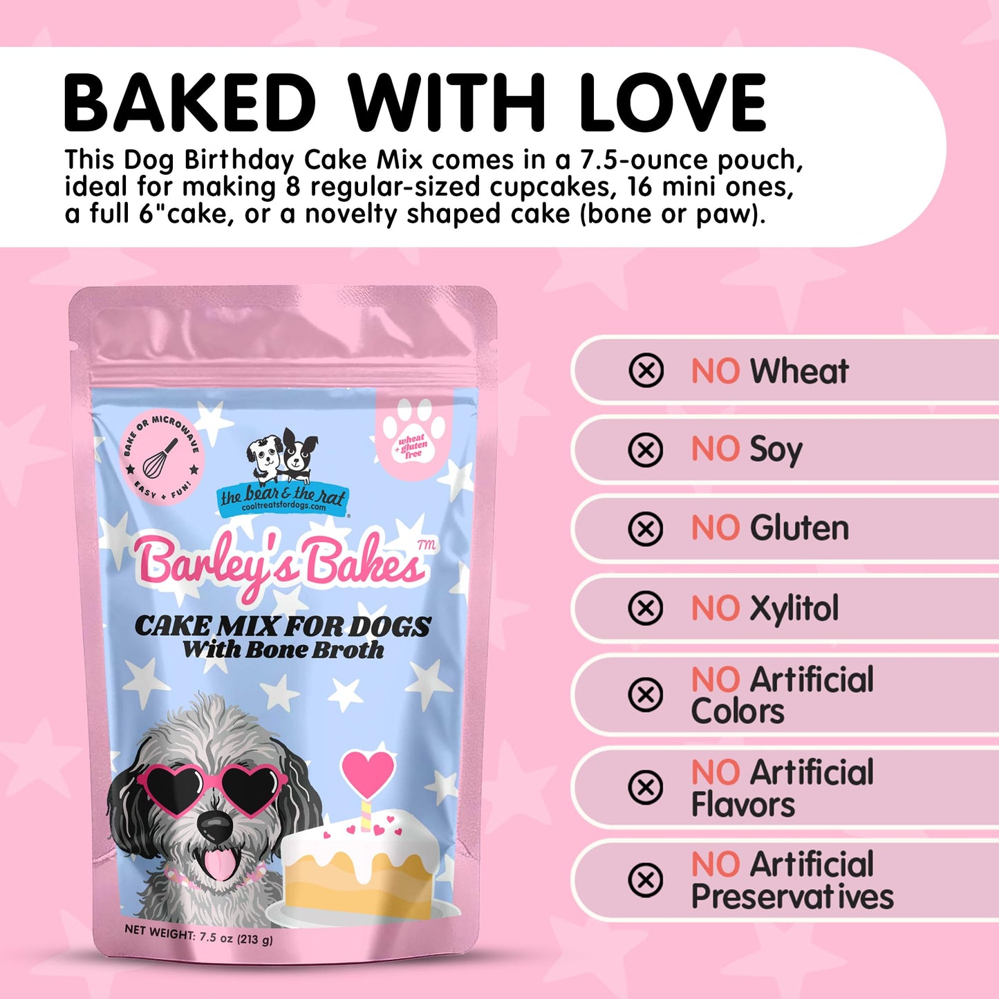 Barley's Bakes – Dog Cake Mix – Made in USA - Easy DIY Pet Cakes, Gluten-Free, No Artificial Colors, Flavors or Preservatives Healthy Dog Treats for Pet Birthdays and Celebrations (Bone Broth)