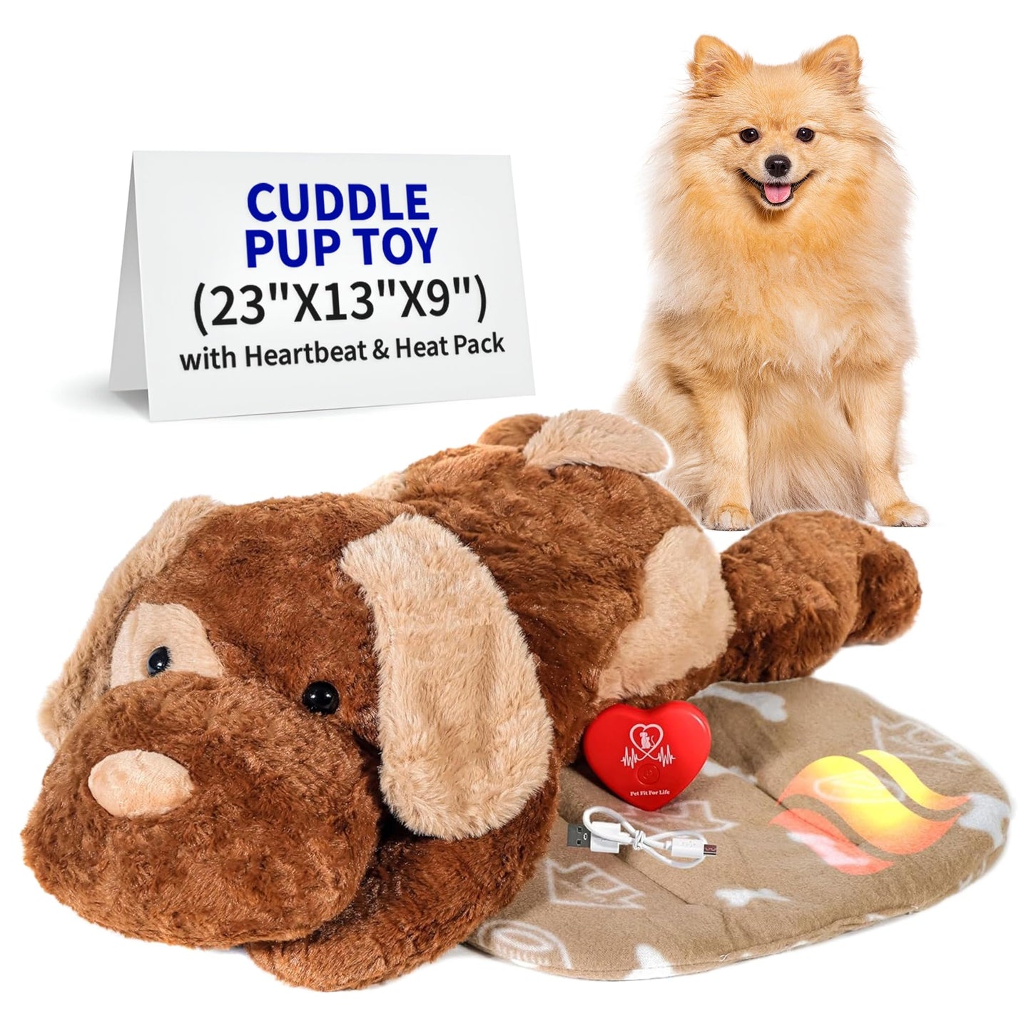 Pet Fit For Life Cuddle Pup Toy with Heartbeat & Heat Pack - USB Rechargeable Cuddly Dog Sleep Aid - Calming Comfort for Anxiety Relief - Safe, Huggable Pet Crate Training Aid - Extra Large