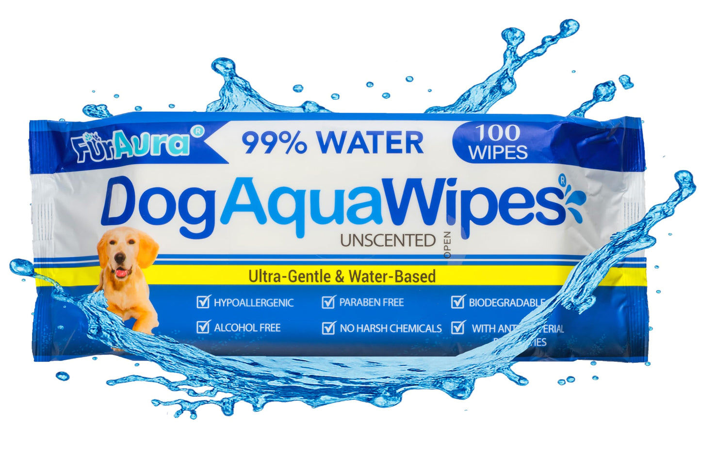 FurAura Dog Aqua Wipes – 99% Water Pet Grooming Wipes for Sensitive Dogs, Puppies & All Breeds, Hypoallergenic, Puppy Essentials, for Cleaning Paws, Face, Ears, Tear Stain & Butt, Unscented 100 Count