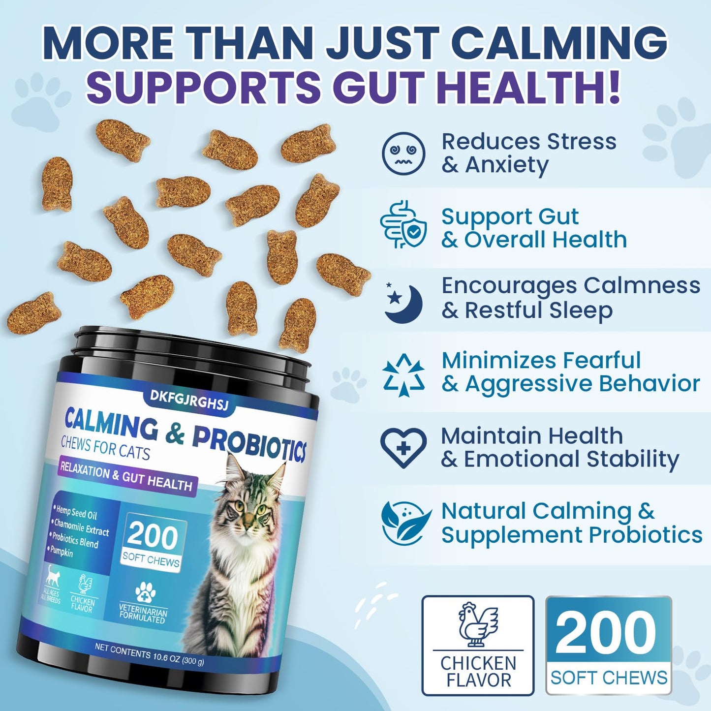 DKFGJRGHSJ Cat Calming Treats, 200 Soft Chews Hemp Calming for Cats Gut Health with Probiotics, Calm Cat Treats for Anxiety and Stress Relief & Probiotic for Cats Digestive Health Chicken Flavor