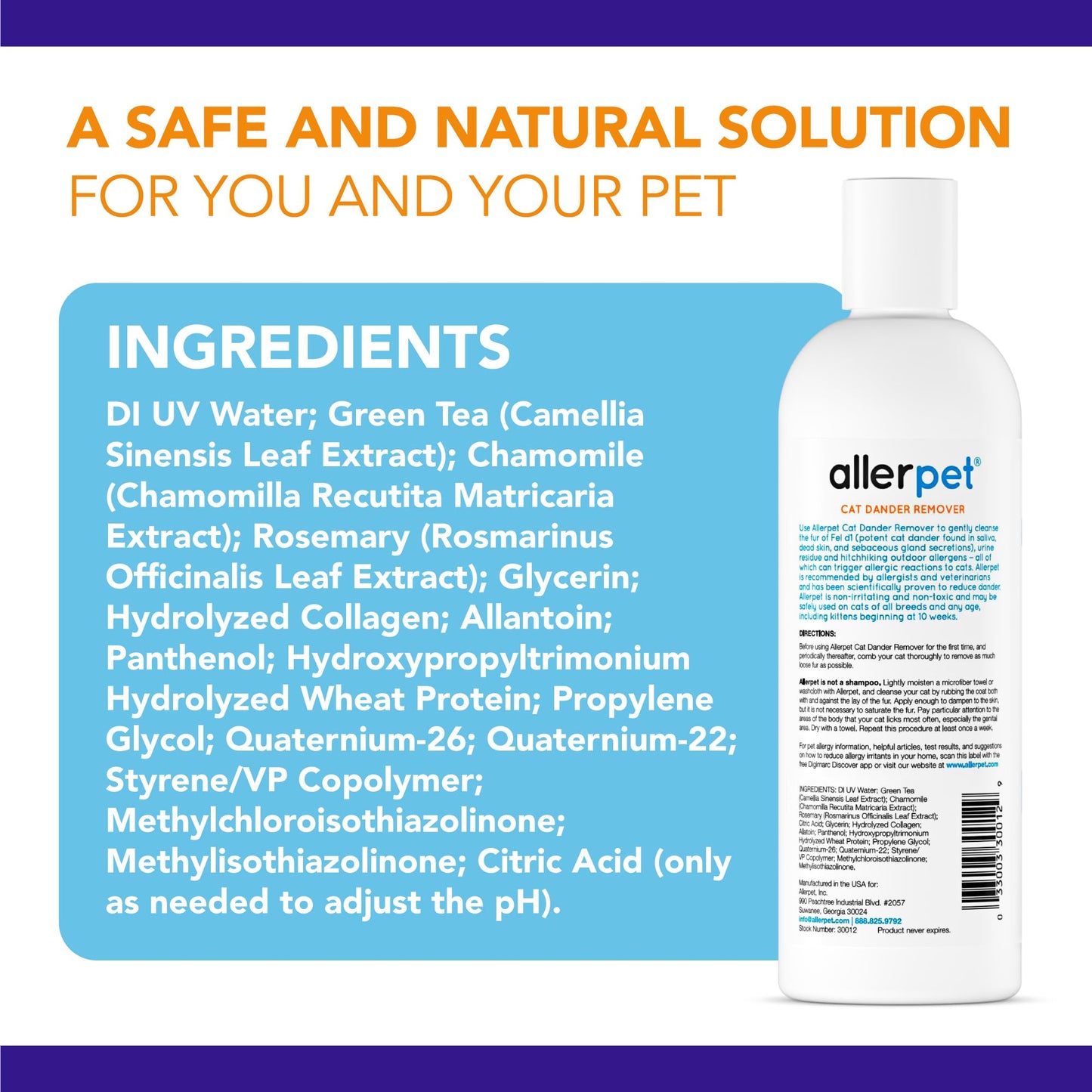 Allerpet Aloe Vera Free Cat Dander Remover - Pet Dander Allergy Relief, Natural & Safe Allergy Relief for Cats and Humans, Soothing Chamomile & Rosemary, Made in USA (12 oz)