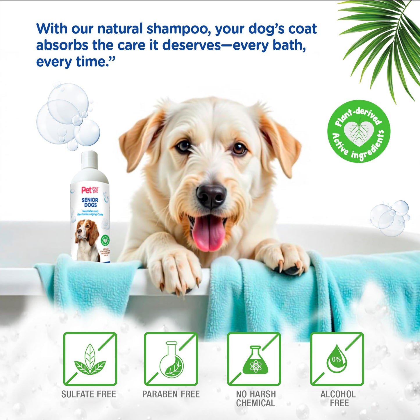 Pet Your Pet Natural Shampoo for Senior Dogs – Nourishes and Revitalizes Aging Coats with Argan and Coconut Oil for Dry and Sensitive Skin – Hydrating & Soothing Grooming Formula - 16 oz