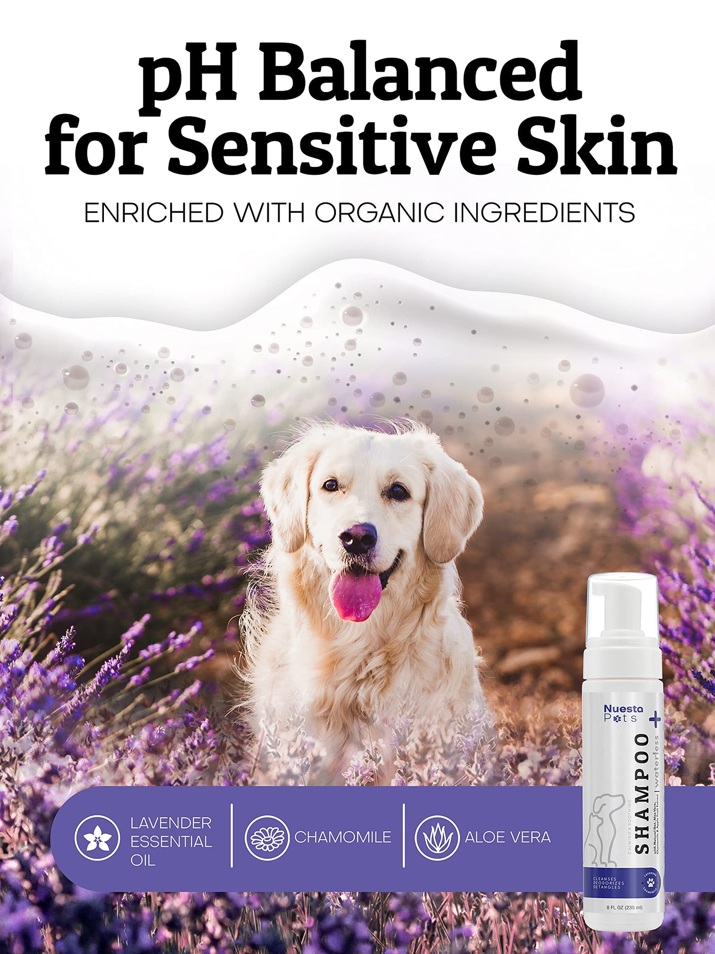 Nuesta Pets Waterless No-Rinse Pet Shampoo | Soothing Hypoallergenic Gentle | time-Saving Stress-Free foaming Cleanser (3 8 fl oz Bottles Lavender)