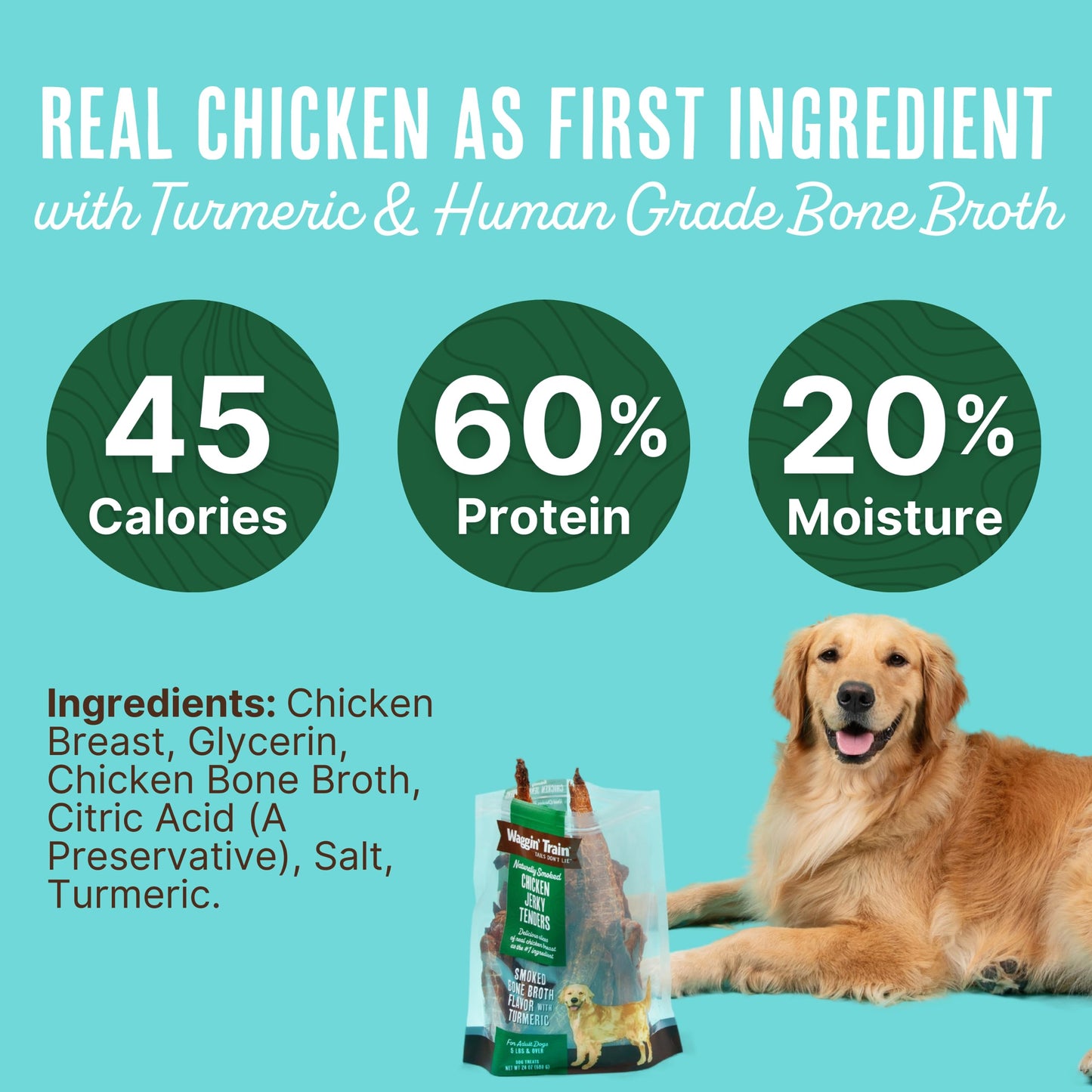 Waggin' Train Smoked Chicken Jerky Tenders with Turmeric and Bone Broth for Dogs - 24 oz. Pouch - Grain Free, High Protein, Limited Ingredient Dog Treat