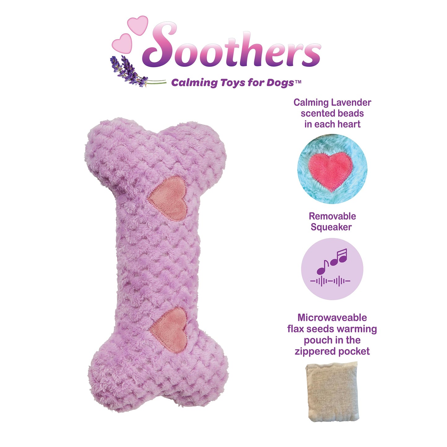 SPOT Soothers Warm Hug Bone - Calming Plush Dog Toy with Lavender Scented Beads, Removable Squeaker, Microwavable Warming Pouch, Separation Anxiety Relief, for Small to Medium Dogs and Puppies, 9in