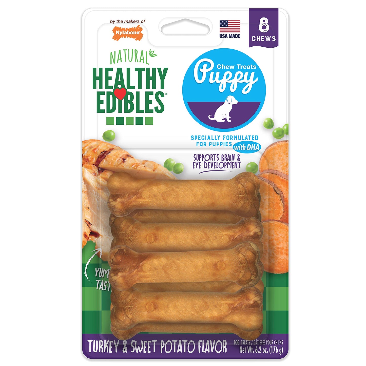 Nylabone Healthy Edibles Natural Puppy Chews Long Lasting Treats for Puppies, Turkey & Sweet Potato Flavor, X-Small/Petite (8 Count)