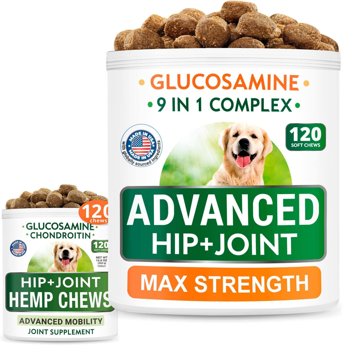 Senior Advanced Glucosamine + Glucosamine w/Hemp Bundle - Old Dog Joint Pain Relief + Natural Joint Pain Relief - Supplement w/MSM, Chondroitin, Omega-3 + Hemp Oil - 120 + 120 Chews - Made in USA
