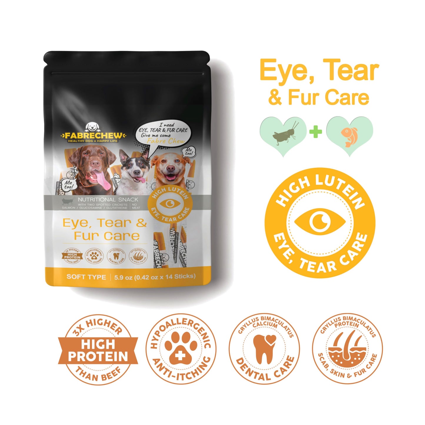 Fabrechew Yellow Eye, Tear Marks & Fur Care Dog Treats – High-Protein Dental Snacks with Cricket & Salmon Protein, Hypoallergenic, Meat Free, Supports Clear Eyes & Healthy Fur, Soft Type (14 Pcs)