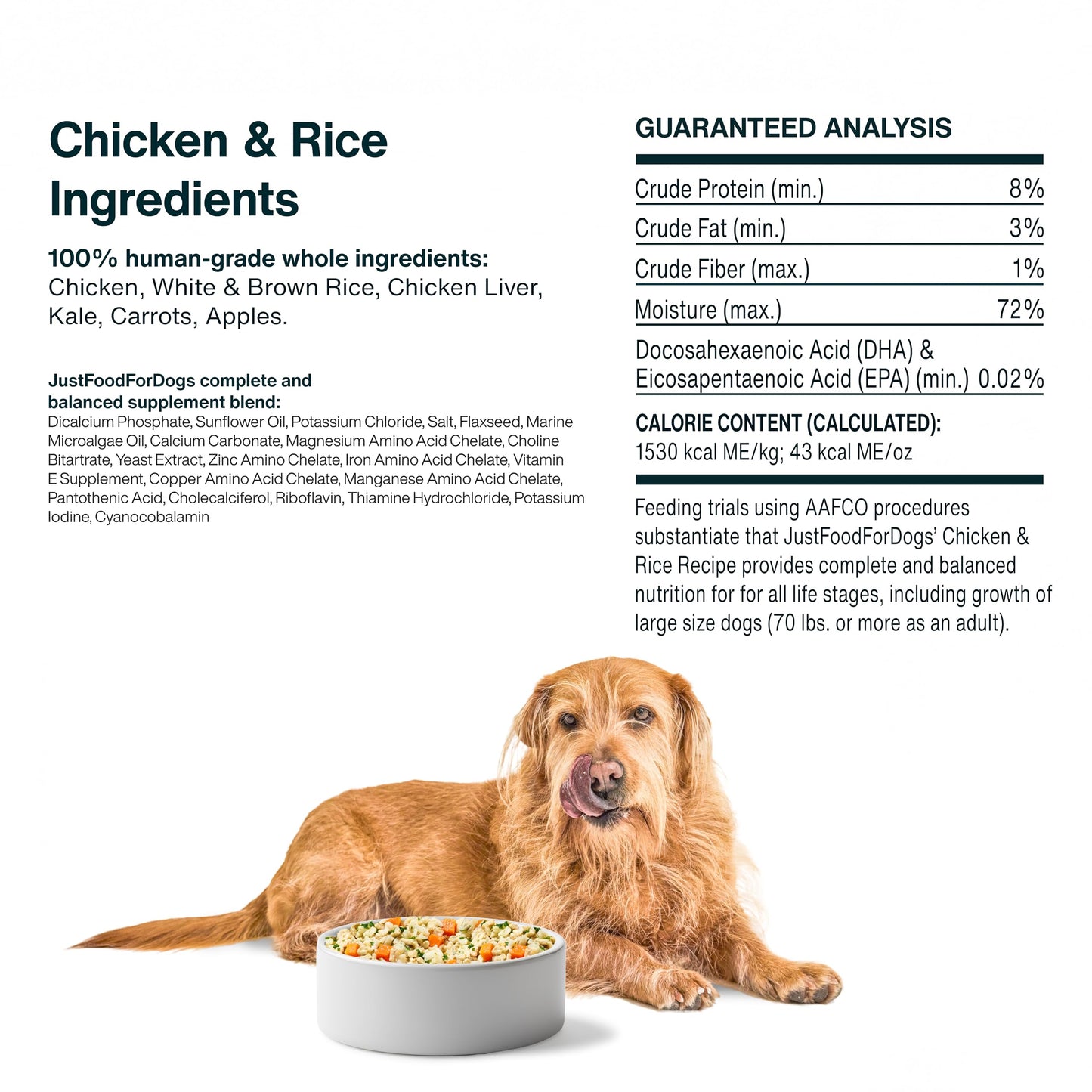 JustFoodForDogs Frozen Fresh Dog Food, Complete Meal or Dog Food Topper, Chicken & Rice Human Grade Recipe, 18 oz (Pack of 14)