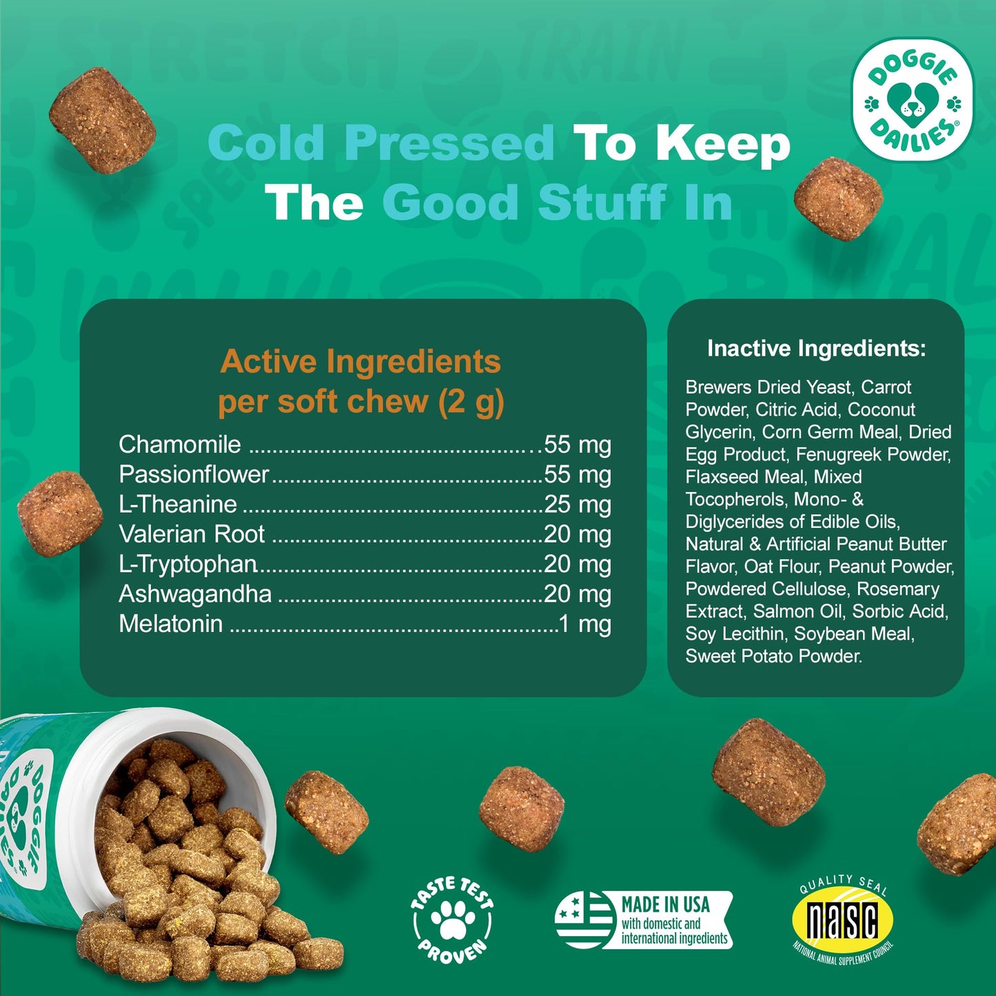 Doggie Dailies Calming Chews, Melatonin & Chamomile for Stress Relief, Relaxation & Anxiety (Peanut Butter, 225 Soft Chews)