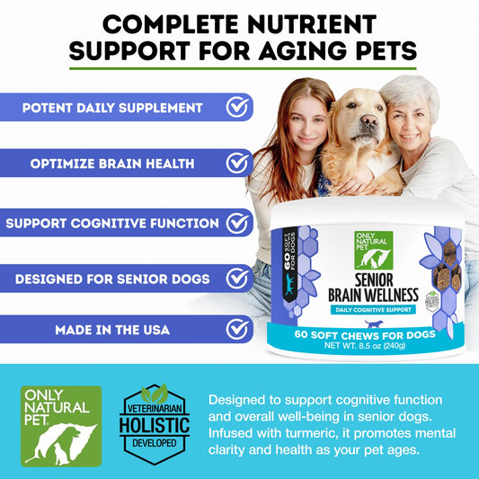 ONLY NATURAL PET Senior Brain Wellness Dog Chews - Small, Medium & Large Breeds, Toothless & Geriatric Dogs, Soft Chicken & Bacon Flavor Snacks, Baked Treats - 60 Count