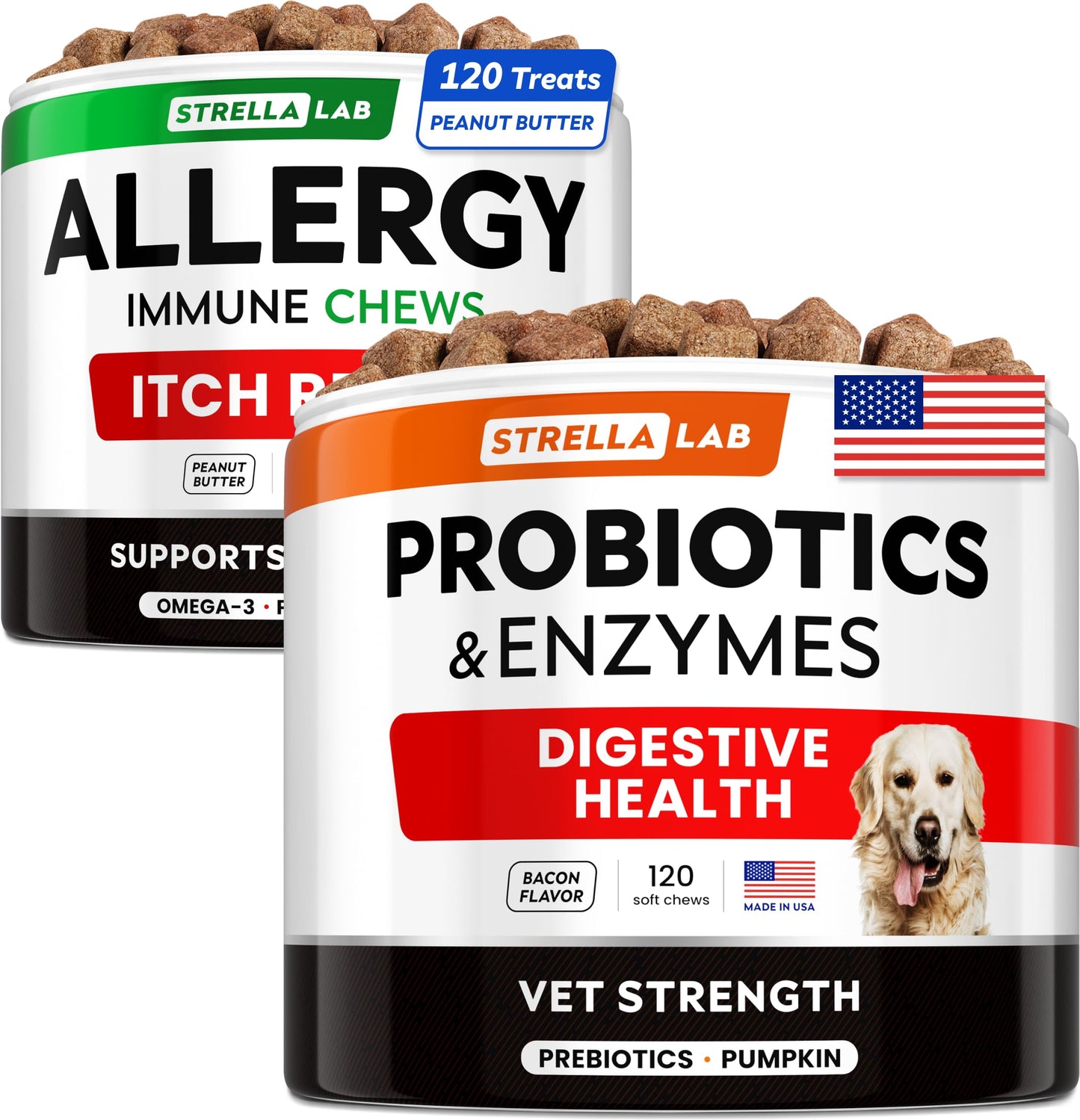 Allergy Relief + Vet Strength Dog Probiotics Dogs Bundle - Itchy Skin Treatment - Omega3 & Pumpkin +1Billion CFU + Digestive Enzymes + Prebiotics - Allergy, Diarrhea,Constipation - 300ct - Made in USA