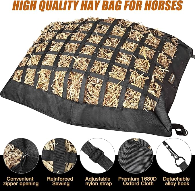Hay Bag for Horses,Slow Feeder Hay Bag for Gound Feeding,Heavy Duty Oxford Hay Feed Bag for Horses Goats Cows Donkeys with Large Opening and Adjustable Strap for Easy Filling and Hanging