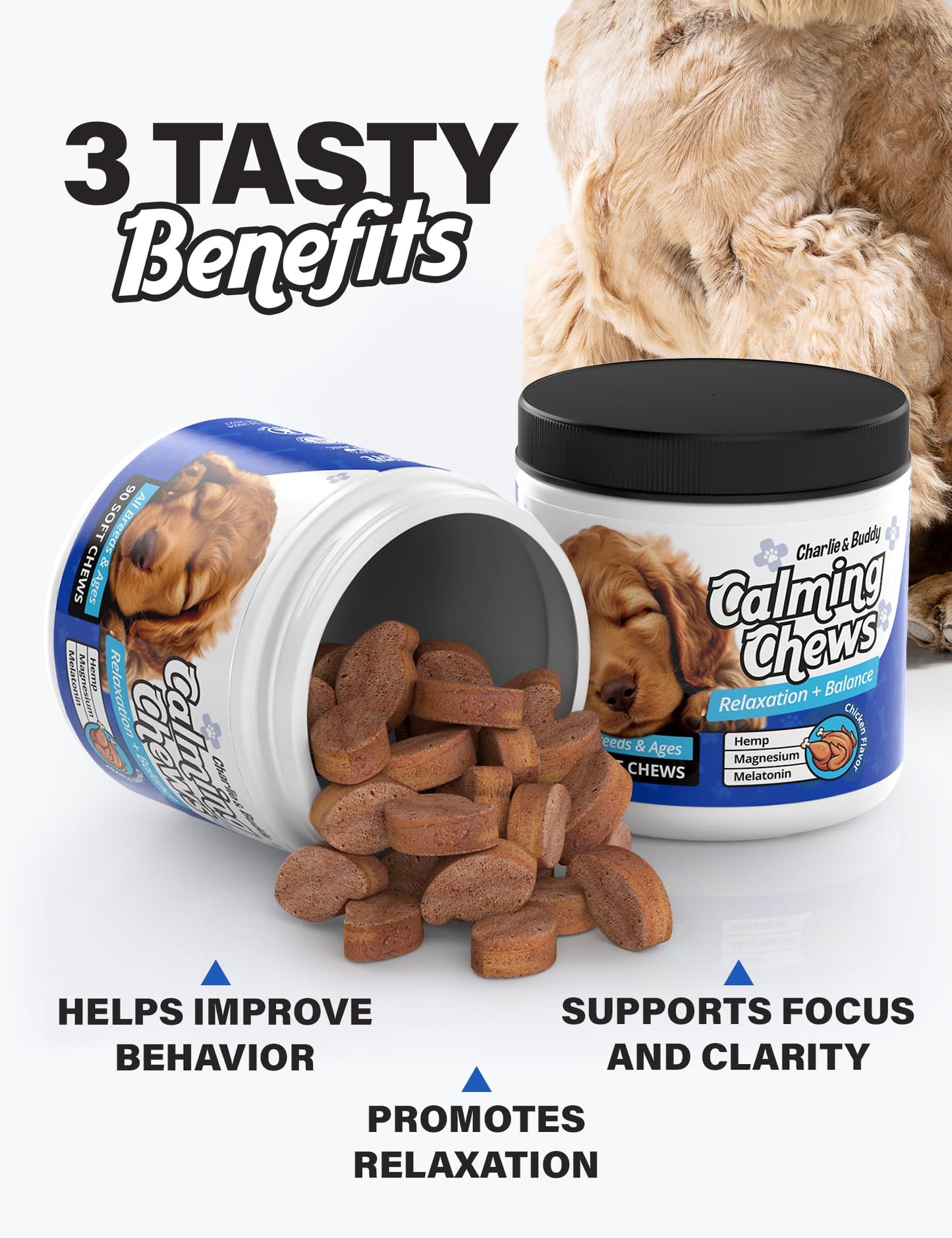 Charlie & Buddy Calming Chews for Dogs, Dog Anxiety Relief, Promote Relaxation, Dog Calming Chews with Melatonin for Dogs, Chamomile, Magnesium Citrate, 90 Soft Chews, Chicken Flavor