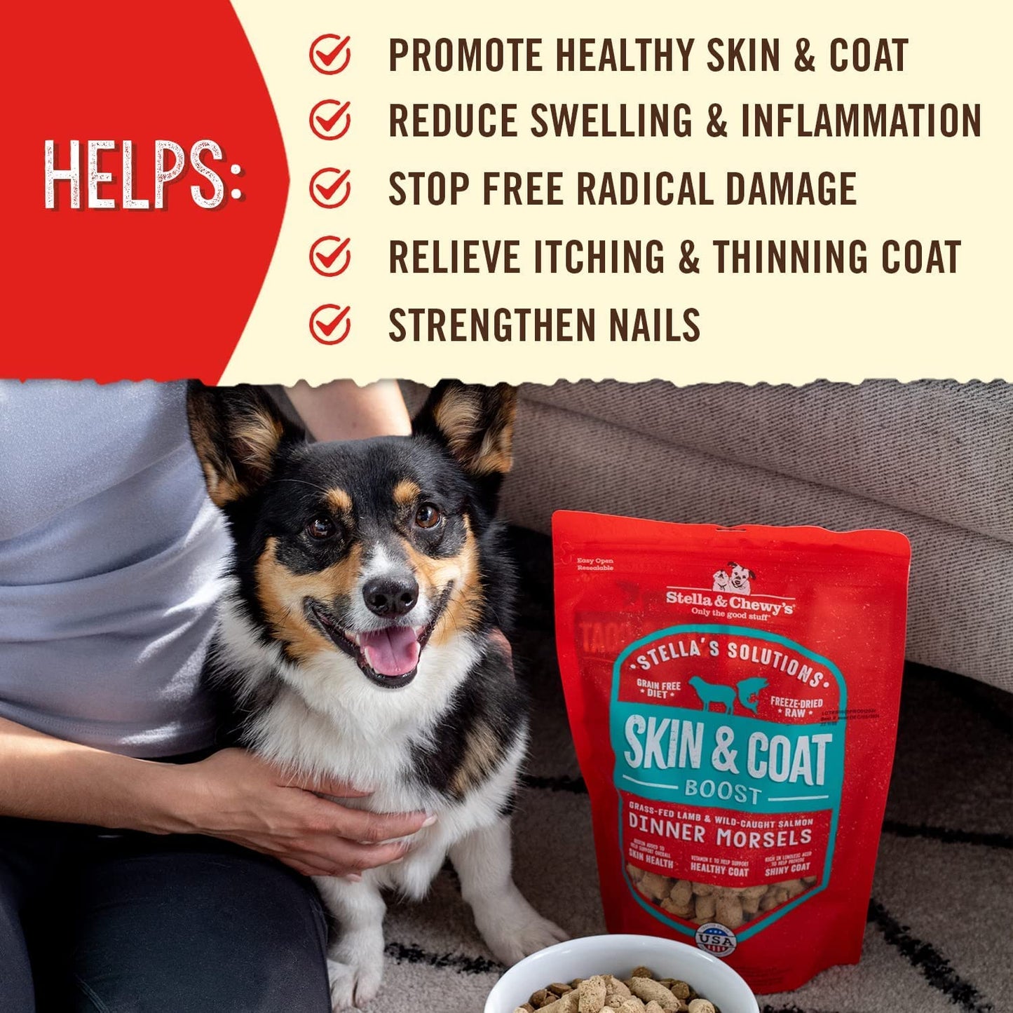 Stella & Chewy's – Stella’s Solutions Skin & Coat Boost – Grass-Fed Lamb & Wild-Caught Salmon Dinner Morsels – Freeze-Dried Raw, Protein Rich, Grain Free Dog Food – 4.25 oz Bag