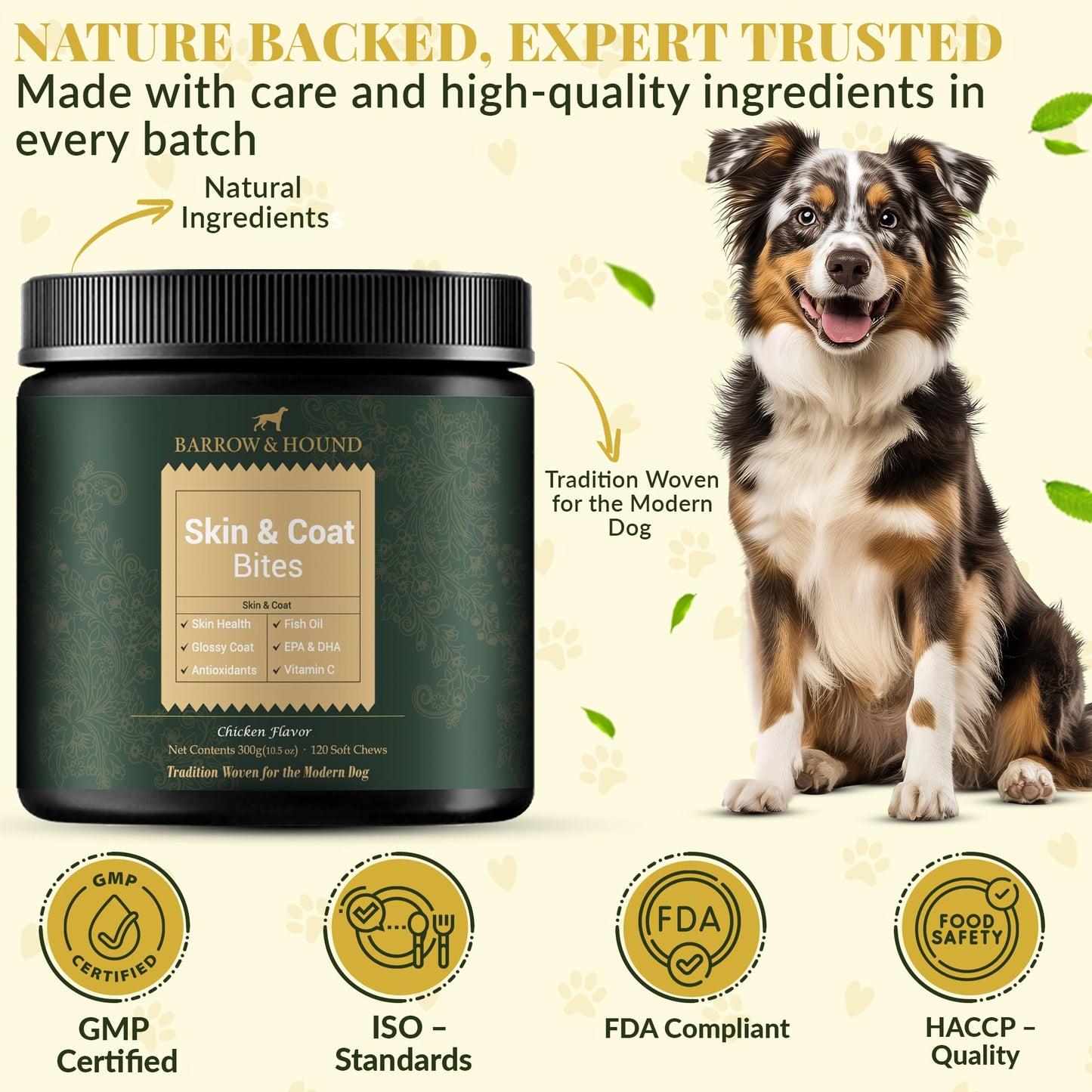 Barrow & Hound - Skin & Coat Support Chews for Dogs – 120 Soft Chews with Fish Oil, Omega 3, Biotin & Zinc – Shiny Coat & Healthy Skin – Chicken Flavor