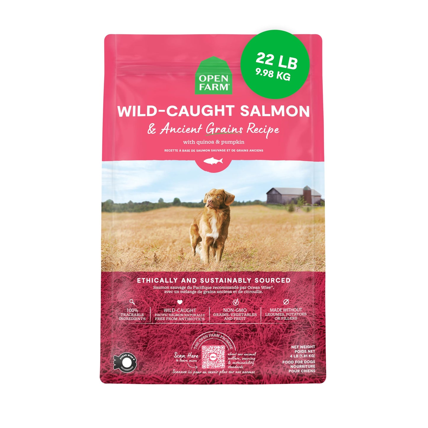 Open Farm, Ancient Grains Dry Dog Food, Protein-Rich & Nutrient Dense, 90% Animal Protein Mixed with Non-GMO Fruits, Veggies and Superfoods, Wild Caugh Salmon Recipe, 22lb Bag