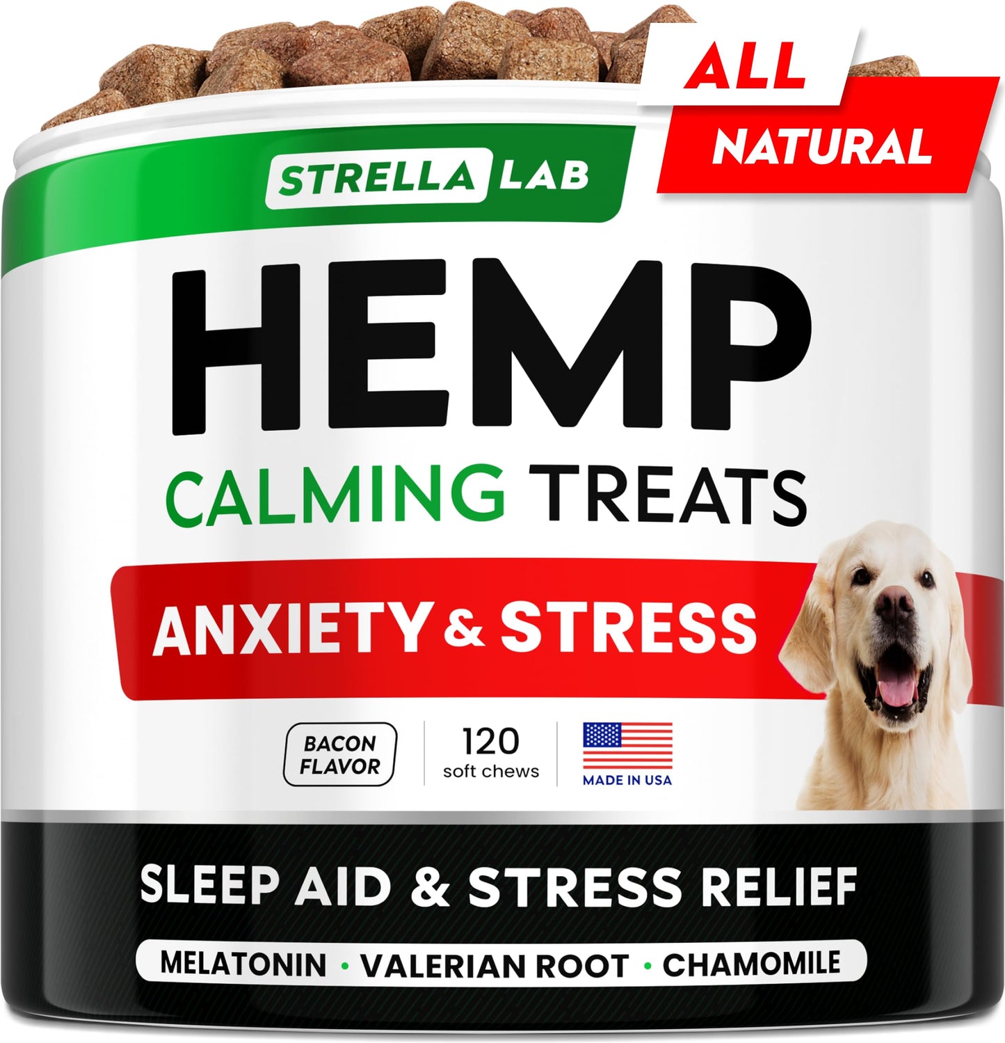 STRELLALAB Vet Formulated Hemp Calming Chews for Dogs - Anxiety Relief Calming Treats - Advanced Melatonin Pet Calm - Natural Sleep Aid & Stress, Separation Anxiety Relief - 120 Treats - Bacon