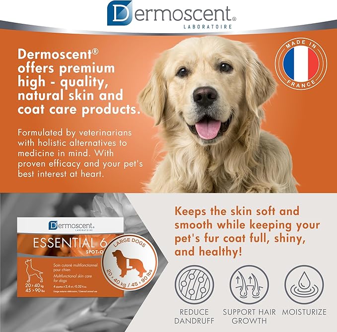 Dermoscent Essential 6 spot-on - Dog Skin Care for Dandruff & Allergy Relief with Vitamin E Oil - Anti Itch for Dogs - Natural Ingredients for Sensitive Skin - Dogs 20-40 kg - 4 Pipettes of 2.4 ml