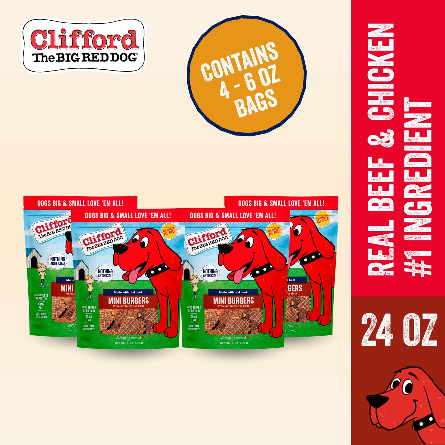Clifford The Big Red Dog Soft Training Treats for Puppies and Dogs – Healthy, High Protein, Grain Free, Soft Puppy Treats for Small Dogs and Large – Real Beef Mini Burger Bites – 24oz