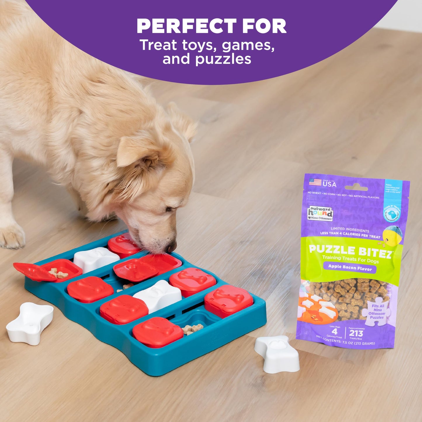 Outward Hound by Nina Ottosson Puzzle Bitez USA Made Dog Treats, Apple Bacon Flavor, Bite-Sized Training Reward and Interactive Puzzle Toy Treats, 7.5oz