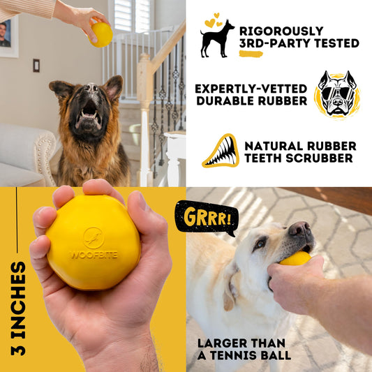 WoofBite Indestructible Dog Ball - Lifetime Replacement - Durable Dog Toy for Aggressive Chewers - Safe, Non-Toxic Natural Rubber - Chew & Fetch - Tough, Heavy Duty - 3” (Tennis Ball Size)