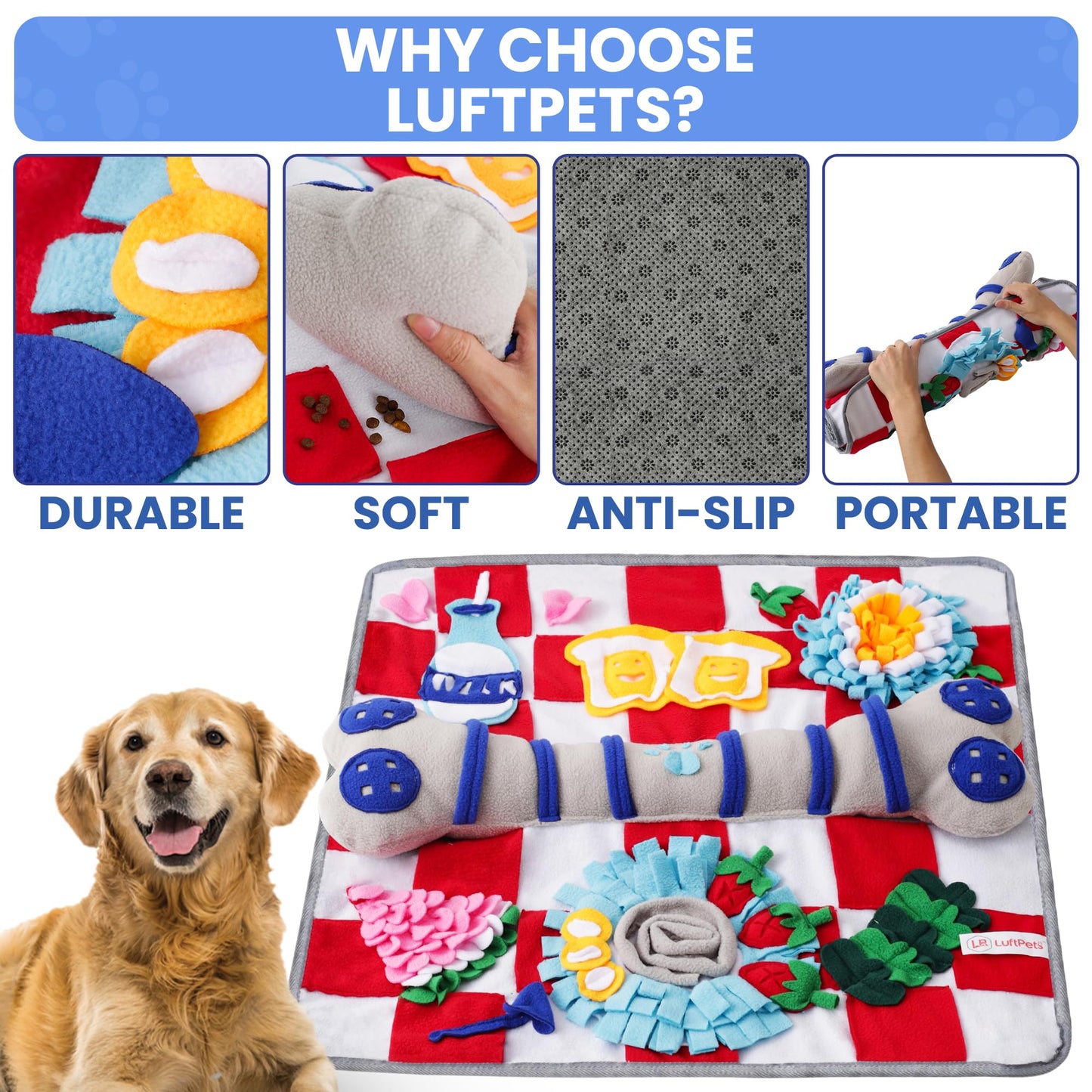 LUFTPETS Soft Snuffle Mat for Dogs Large Breed, Keeps Pets Busy, Comfortable Sniff & Enrichment Mat to Lay On, Puzzle Toy & Lick Pad with Lots of Games, Anti-Slip & Washable, Slows Down Feeding (Red)