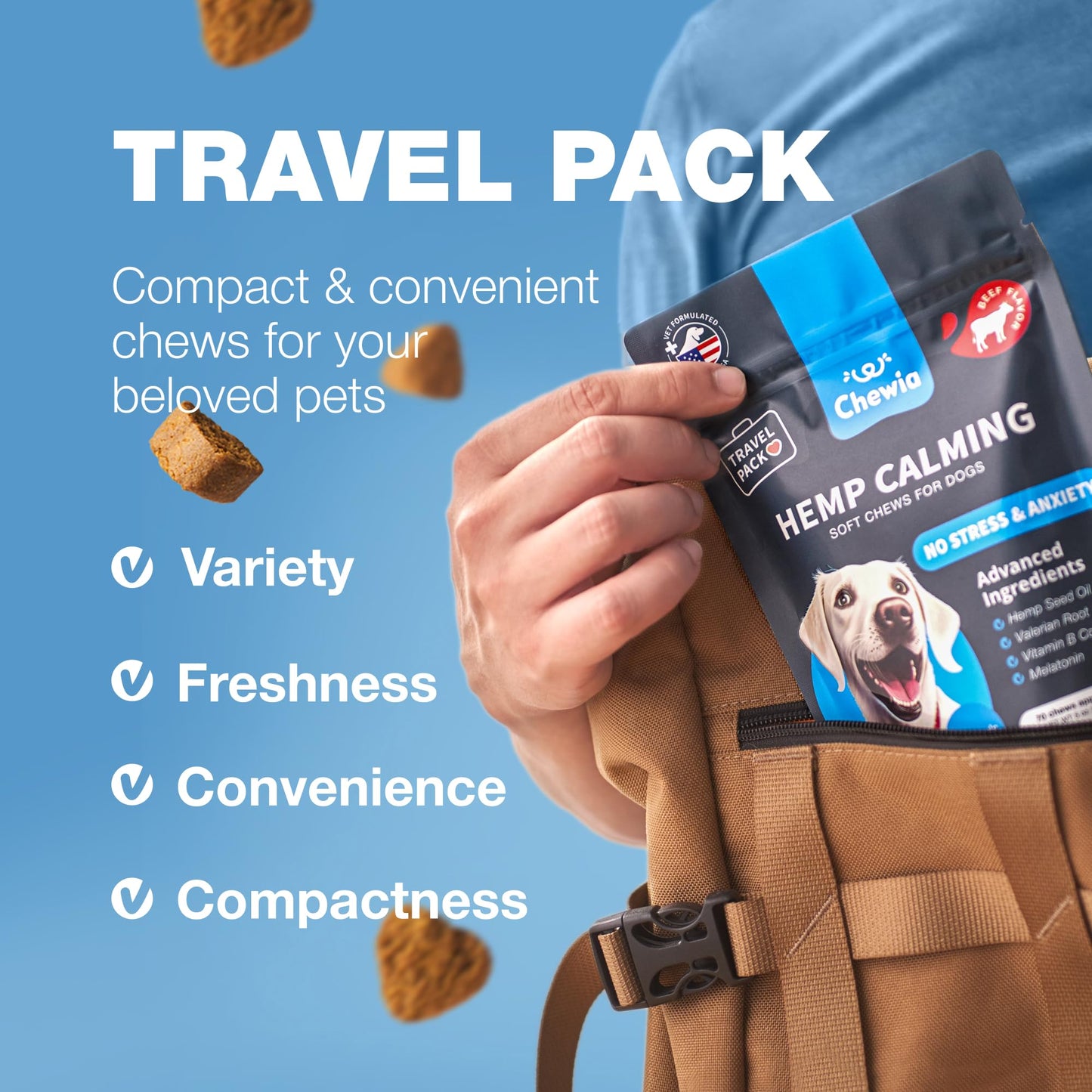 Hemp Calming Chews for Dogs Anxiety Relief - Dog Calming Treats with Melatonin, Chamomile Extract, Valerian Root - Travel Pack - Anxiety Relief Chews for Vet Visits, Grooming, Nail Trimming, Storms