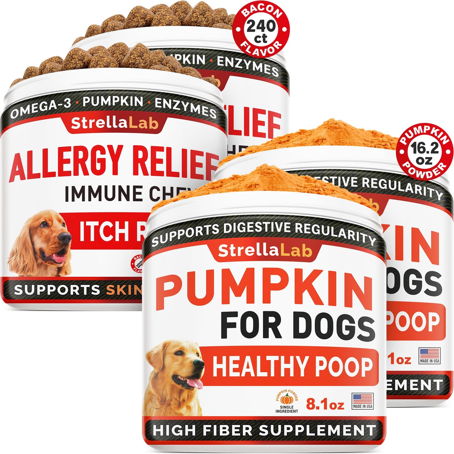 Allergy Relief 2 Packs 240ct + Pumpkin Pack of 2-16.2oz for Dogs Bundle - Itchy Skin Treatment + Skin&Coat - Omega3& Pumpkin - Allergy&Anti Itch + Diarrhea, Constipation, Upset Stomach - Made in USA