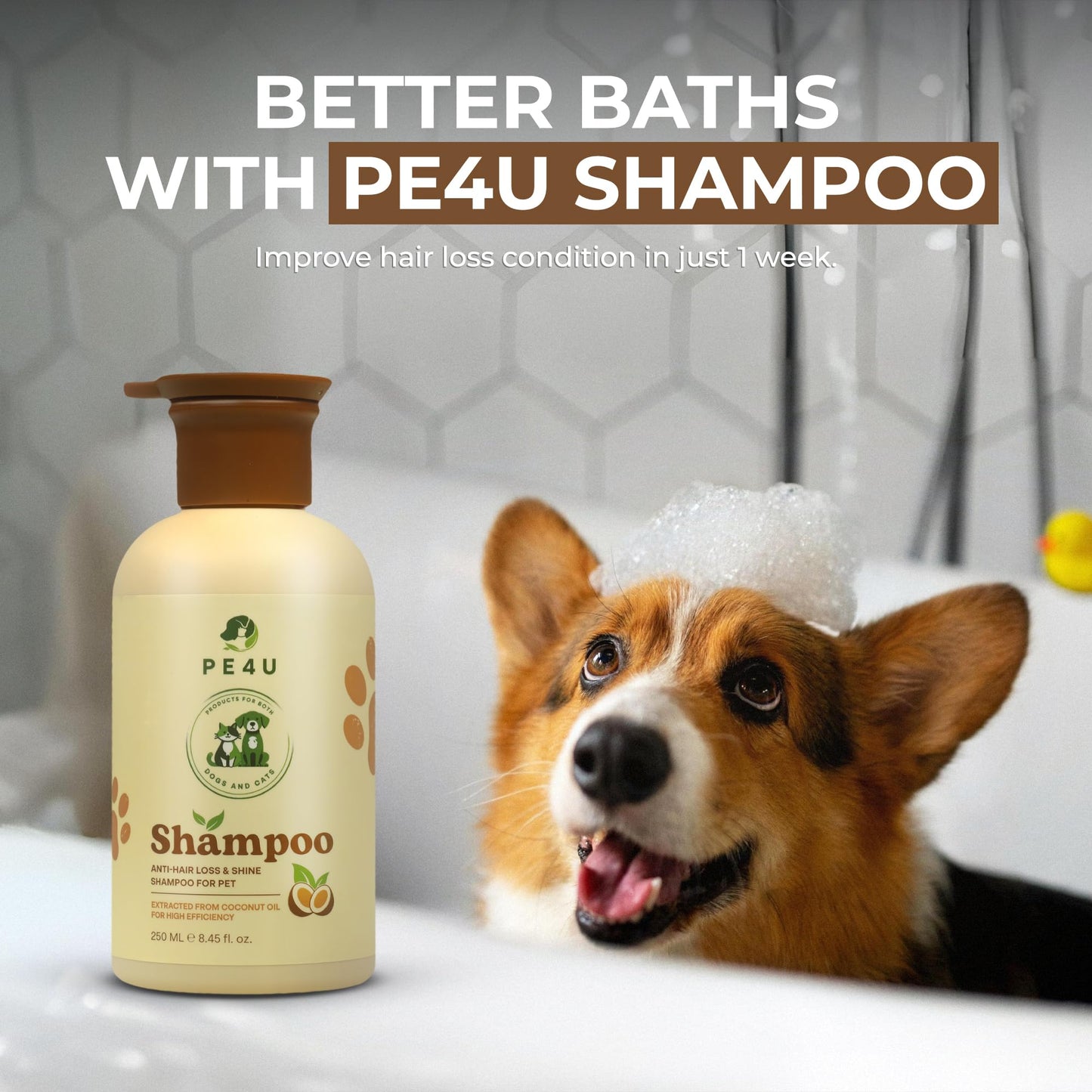 PE4U Natural Pet Shampoo for Dogs & Cats – Smooth Coat, Reduce Shedding & Odor Control – Coconut & Olive Oil Formula - Safe for Sensitive Skin, Hypoallergenic, Relieve Dry Skin - [Shampoo + Ear Drop]