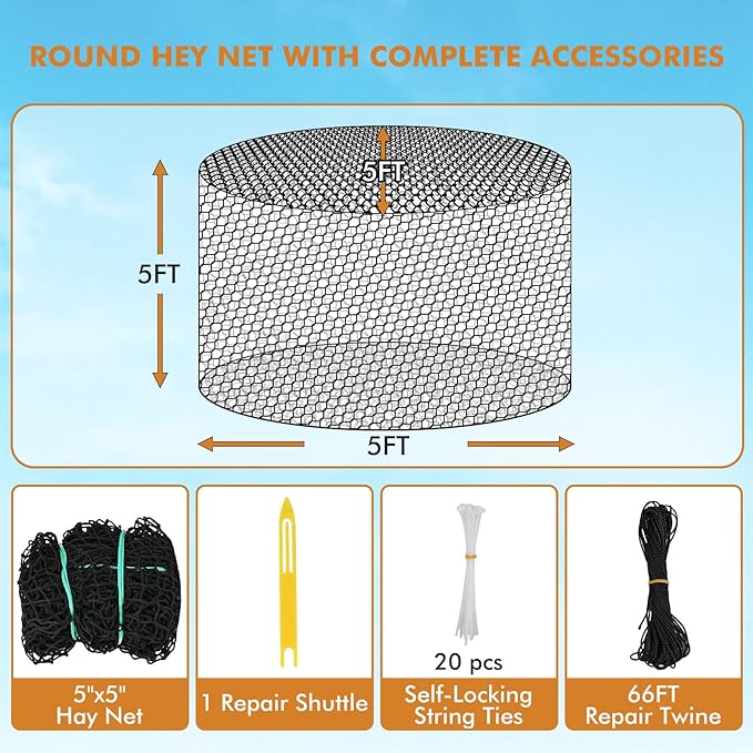 5 ft Round Bale Hay Net – Slow Feeder for Horses & Livestock, Extra Dense 1.75" Knotless Holes, Durable & Healthy Feeding Solution